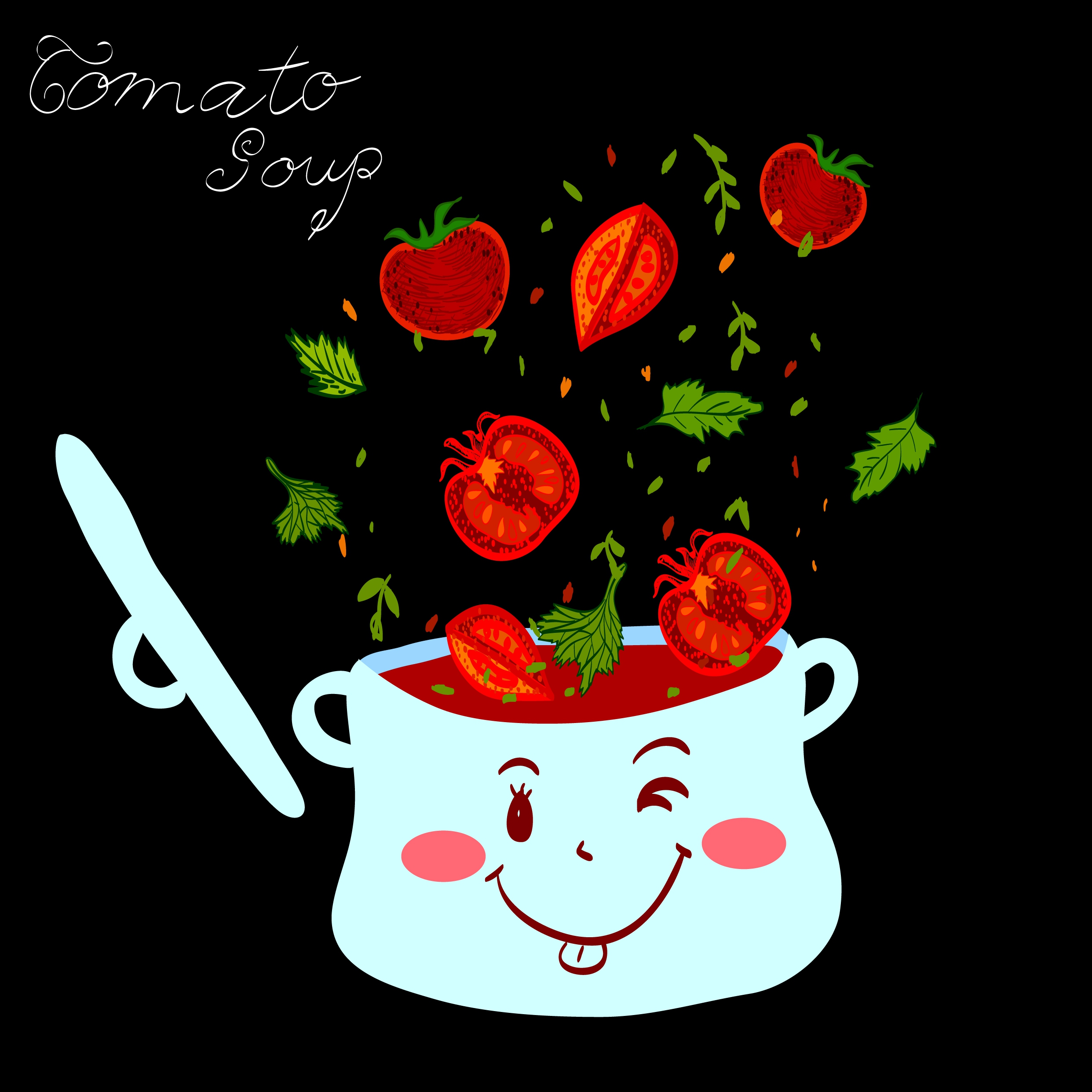 tomato soup advertising stylized pot falling ingredients icons