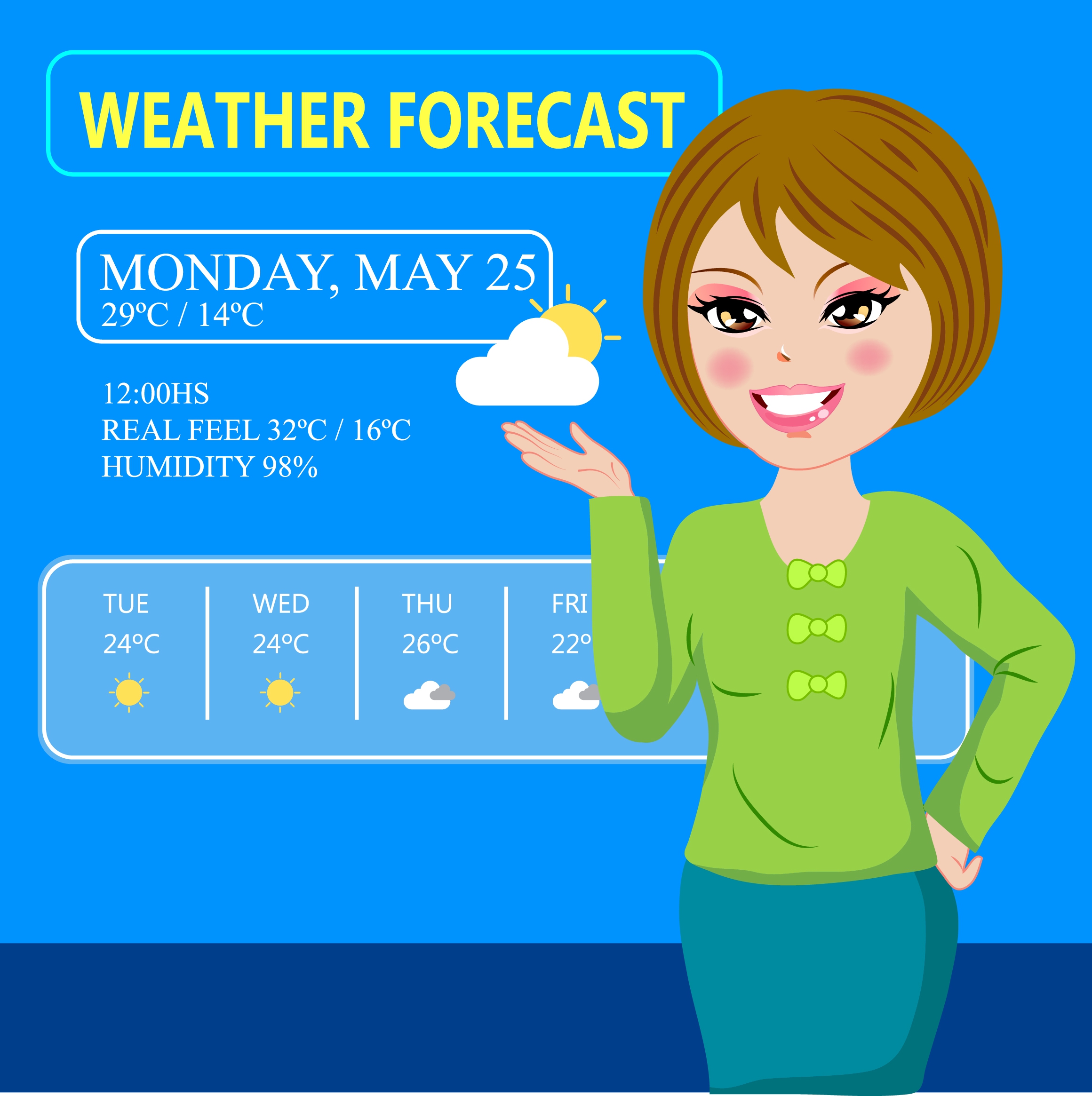 weather forecast background female reporter icon texts decor