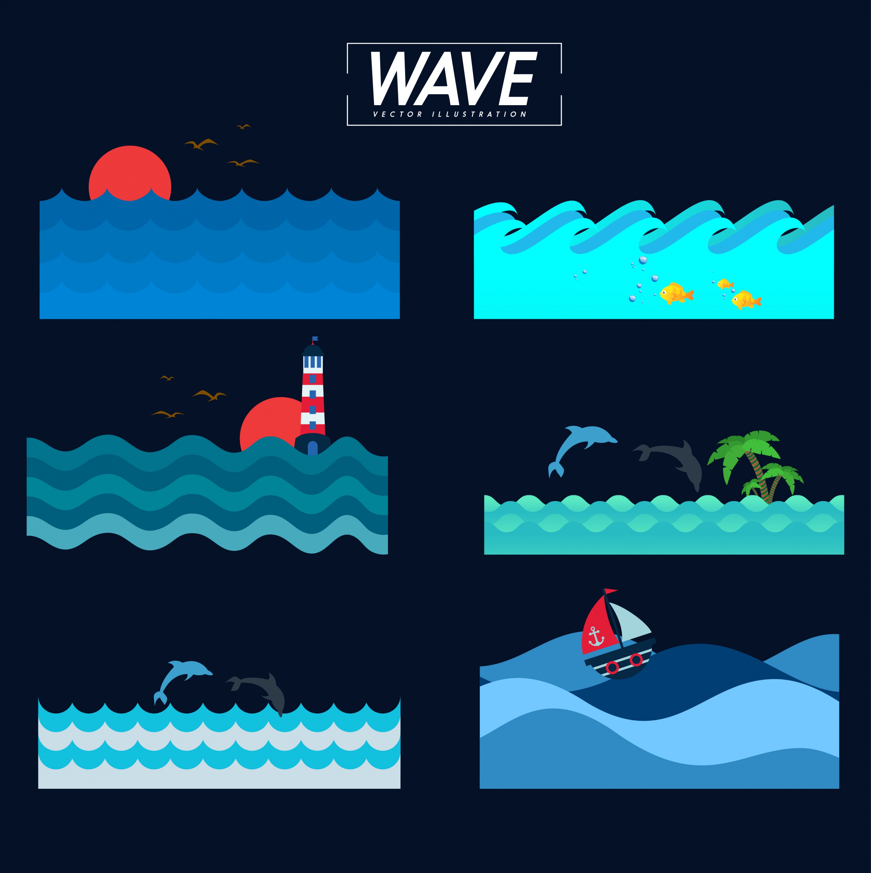 wavy beach background sets dark colored blue design