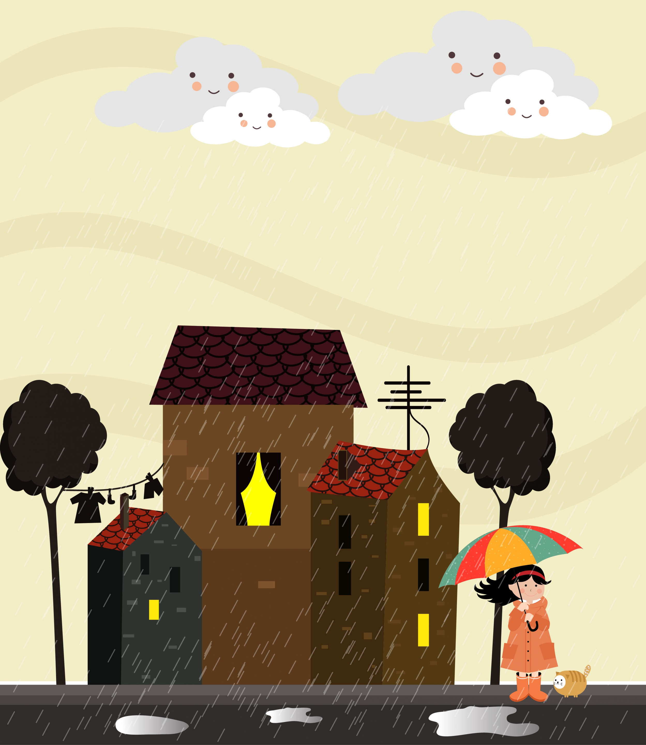 rainy weather background cartoon stylized cloud girl icons