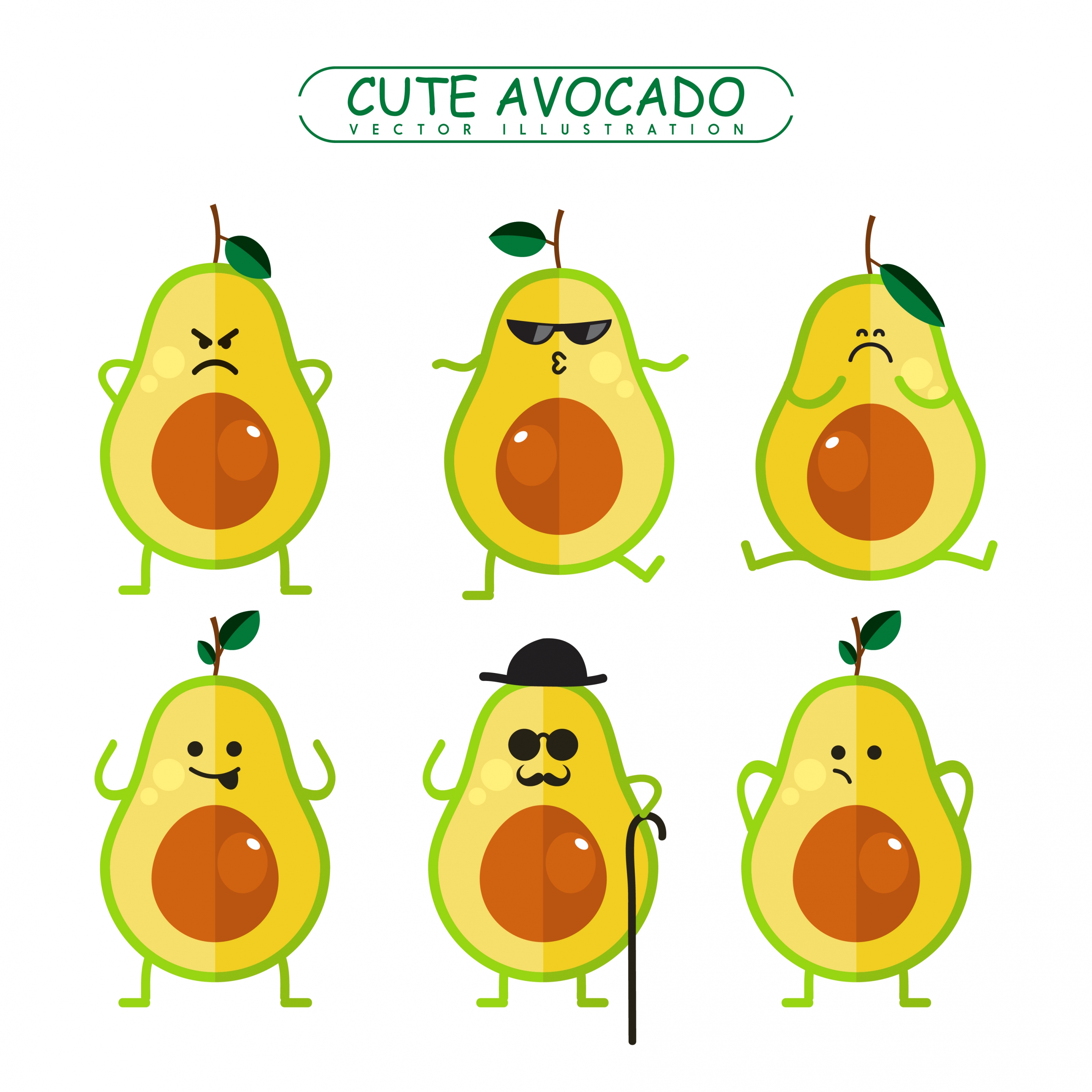 avocado emotional icons cute stylized style colored flat