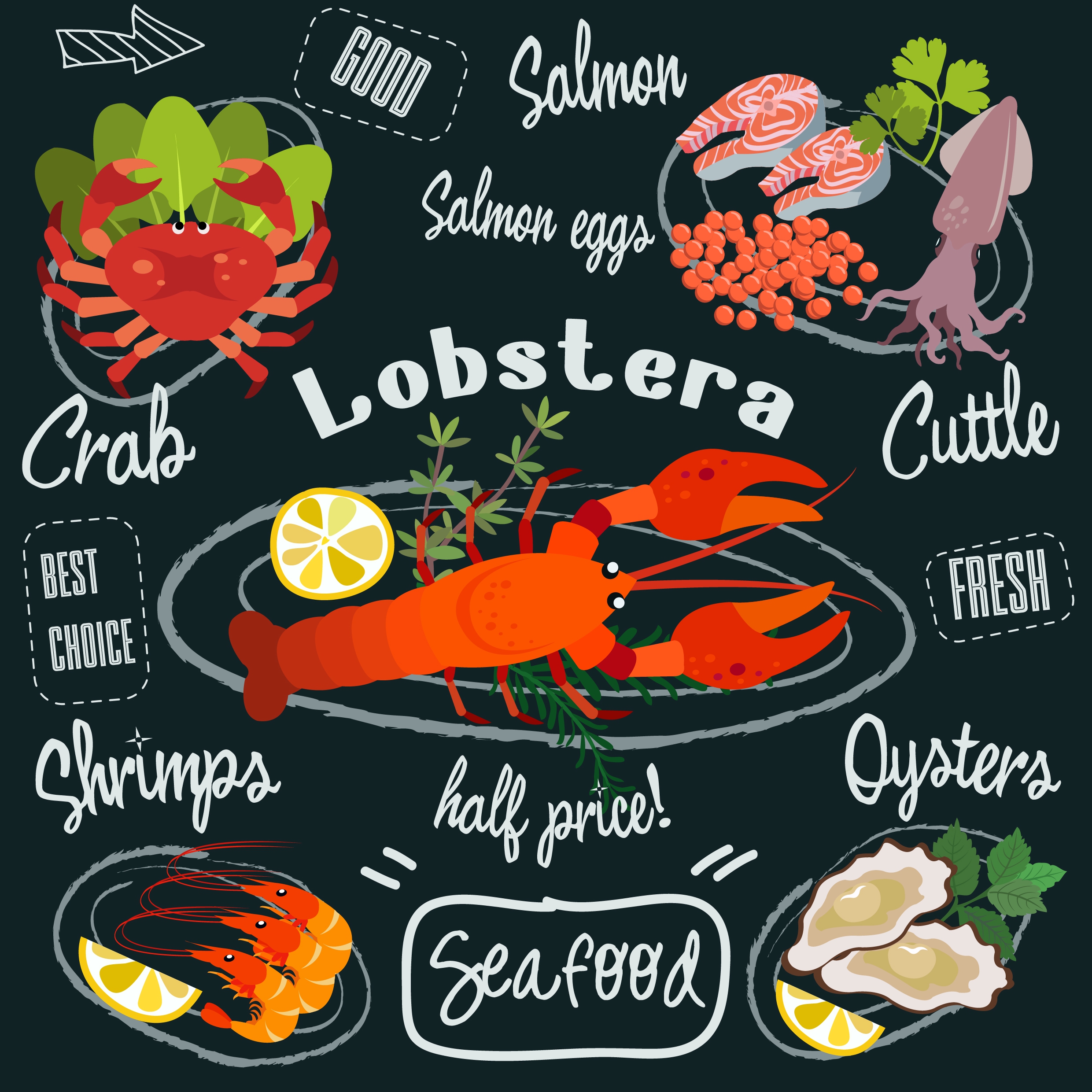 seafood advertisement colorful icons calligraphy decoration