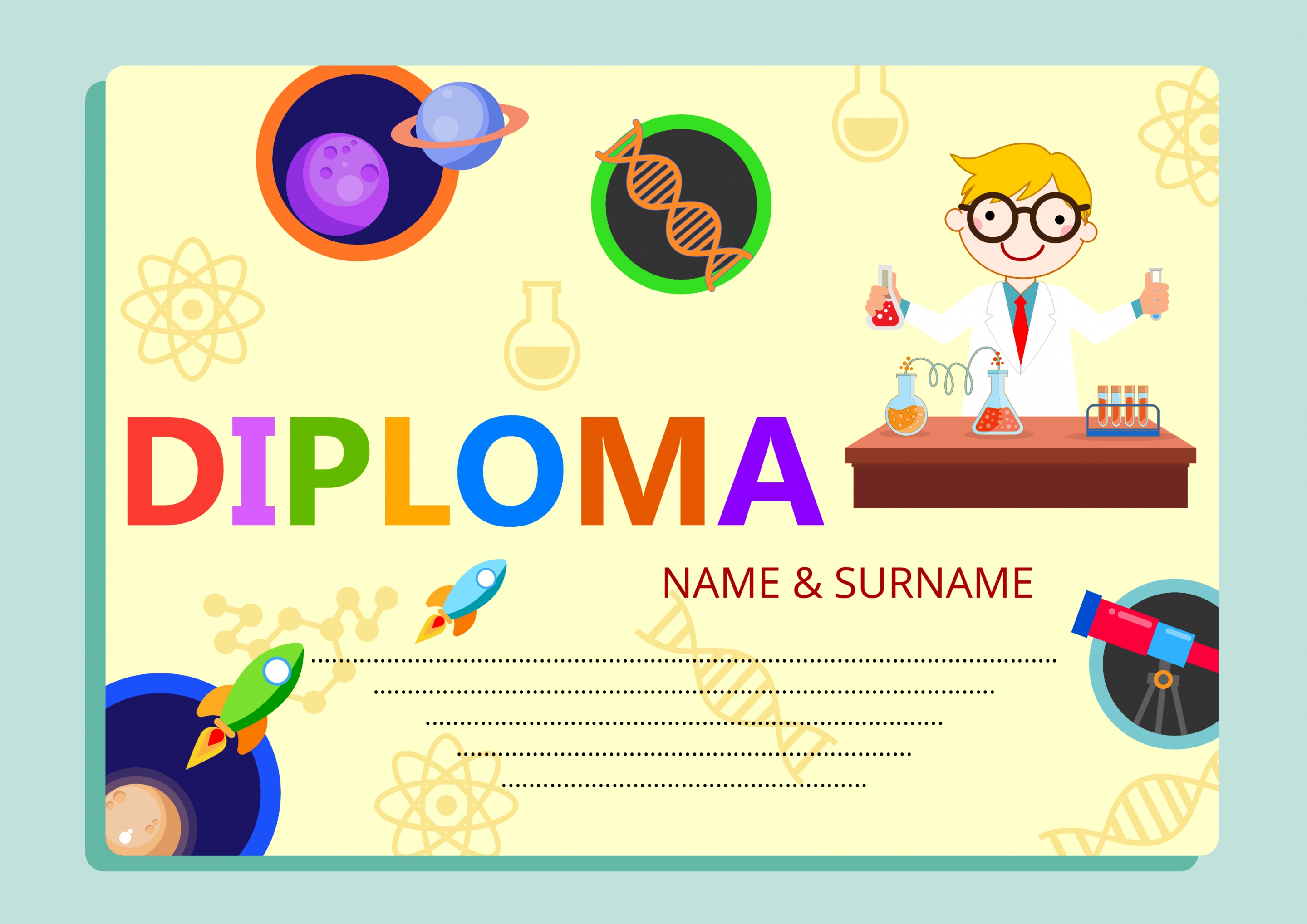 diploma template colorful decoration kids education icons