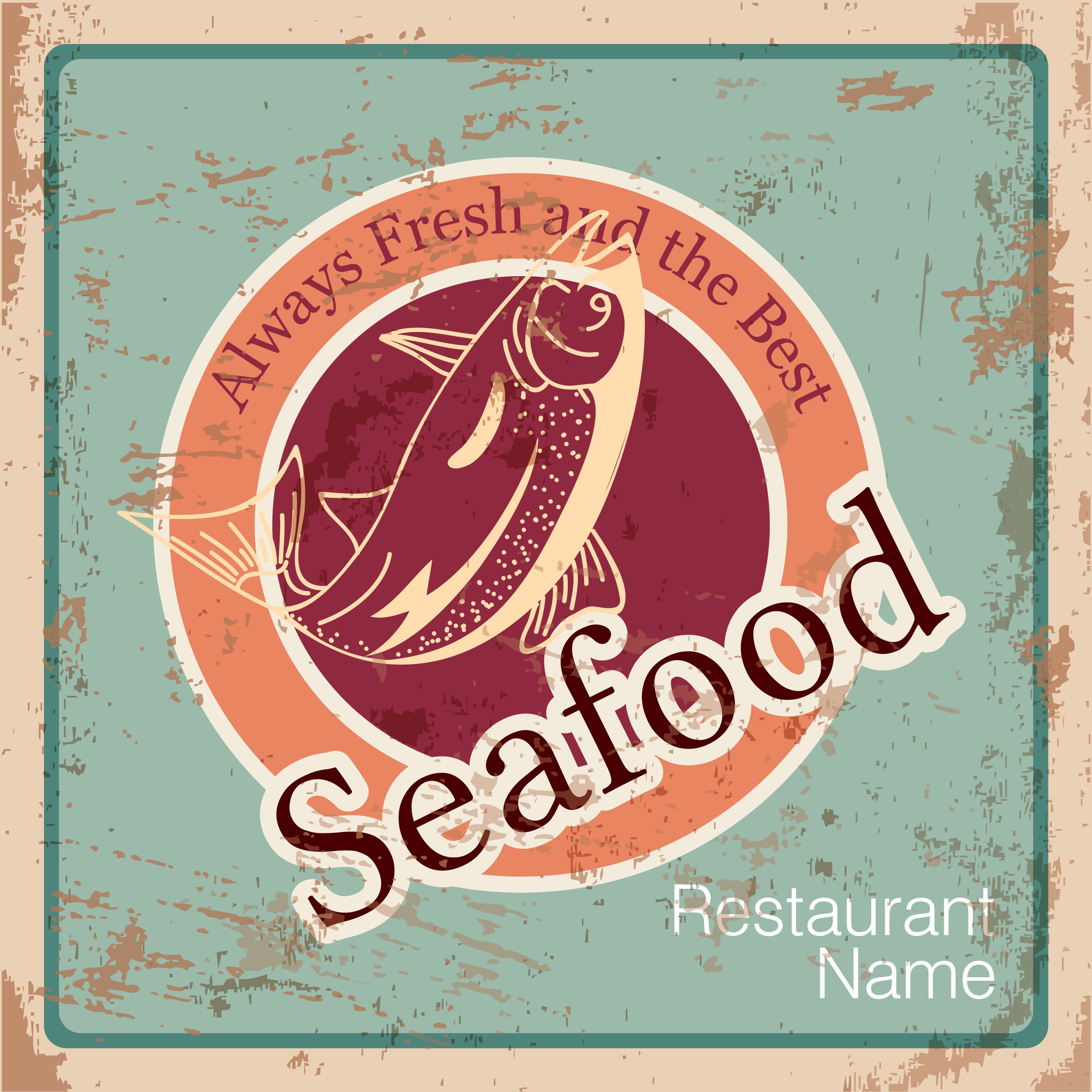 seafood restaurant advertising grunge retro design fish icon