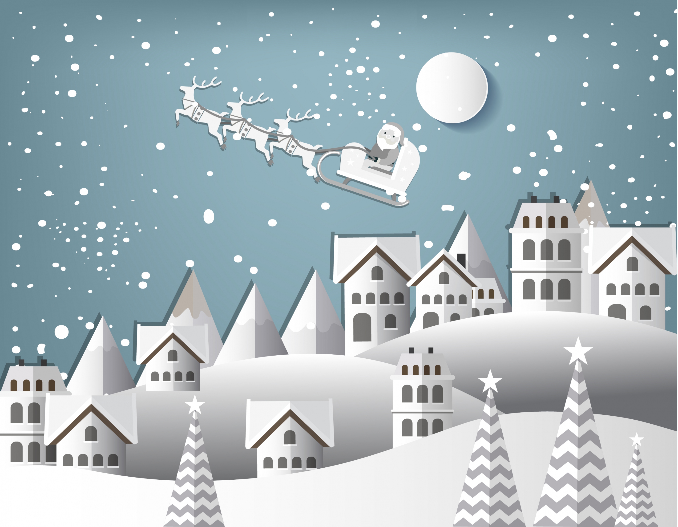 white christmas background flying santa claus moon icons