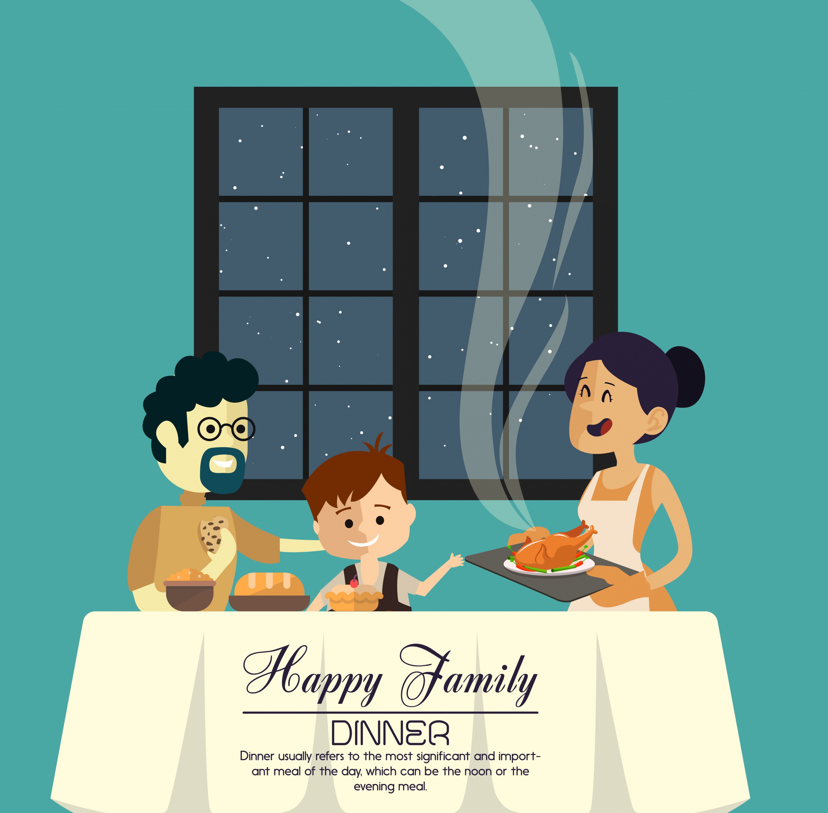 family dinner banner parents kid icons cartoon design