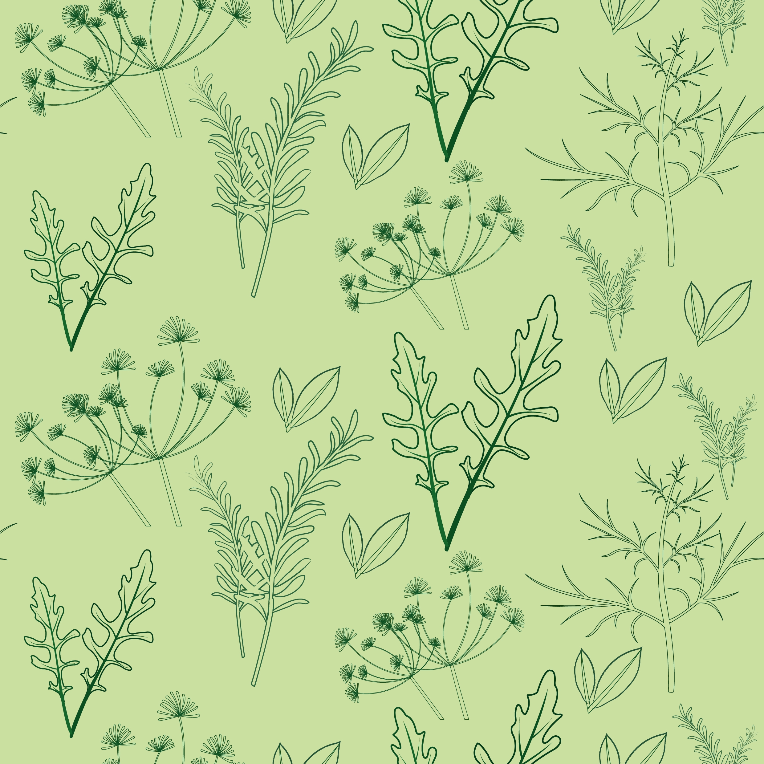 herbal background various green icons repeating design