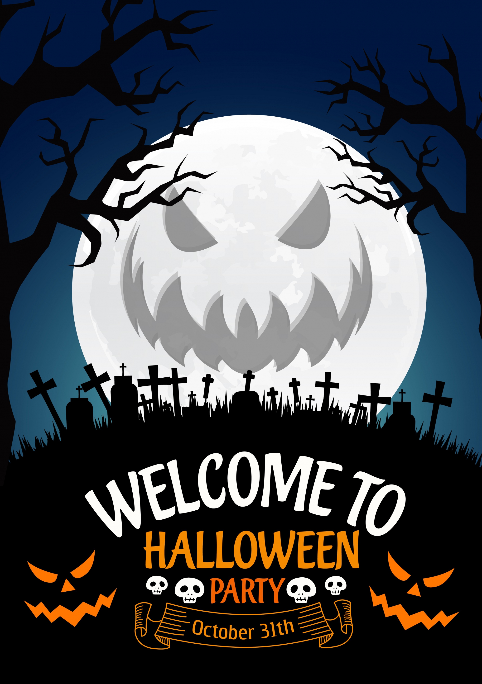 halloween party poster scary moon icon tombs silhouette