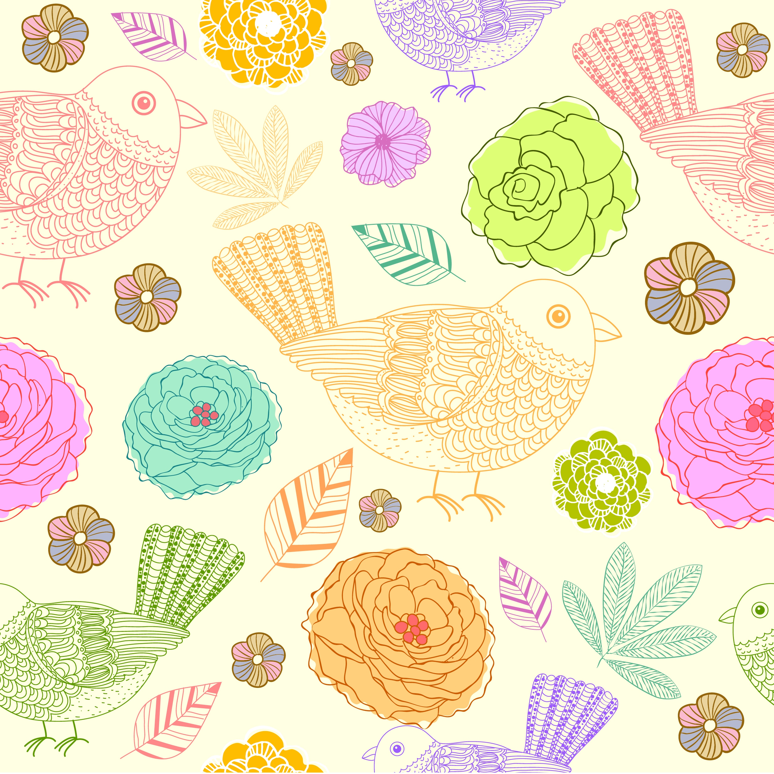 flowers birds background colorful hand drawn design