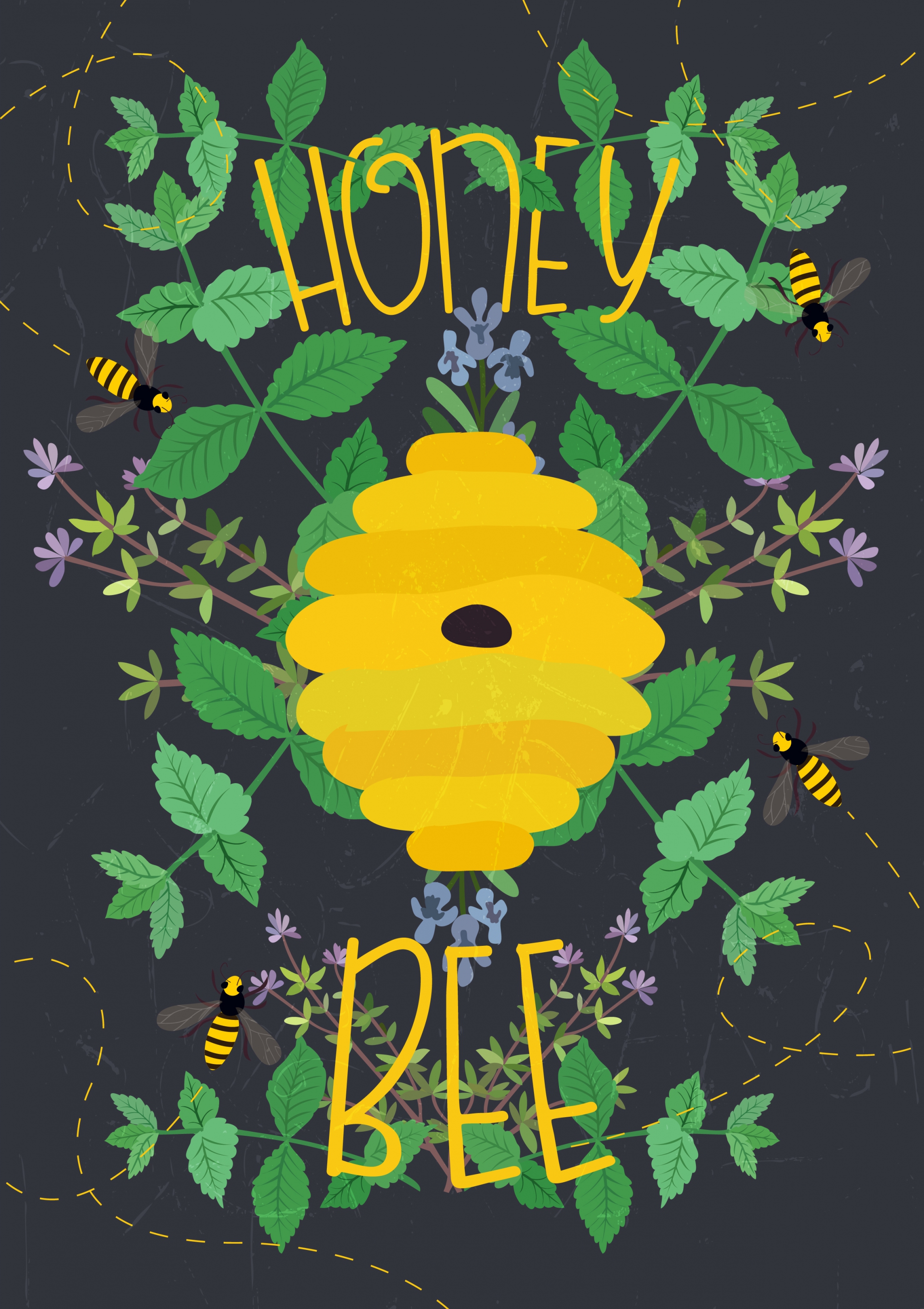 honey bee advertisement yellow beehive green leaves decoration