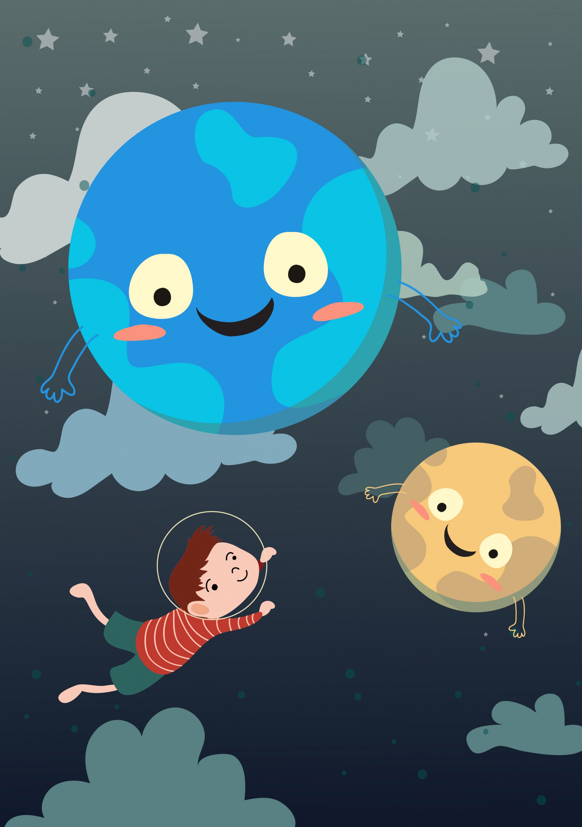 dream background flying kid stylized planets icons