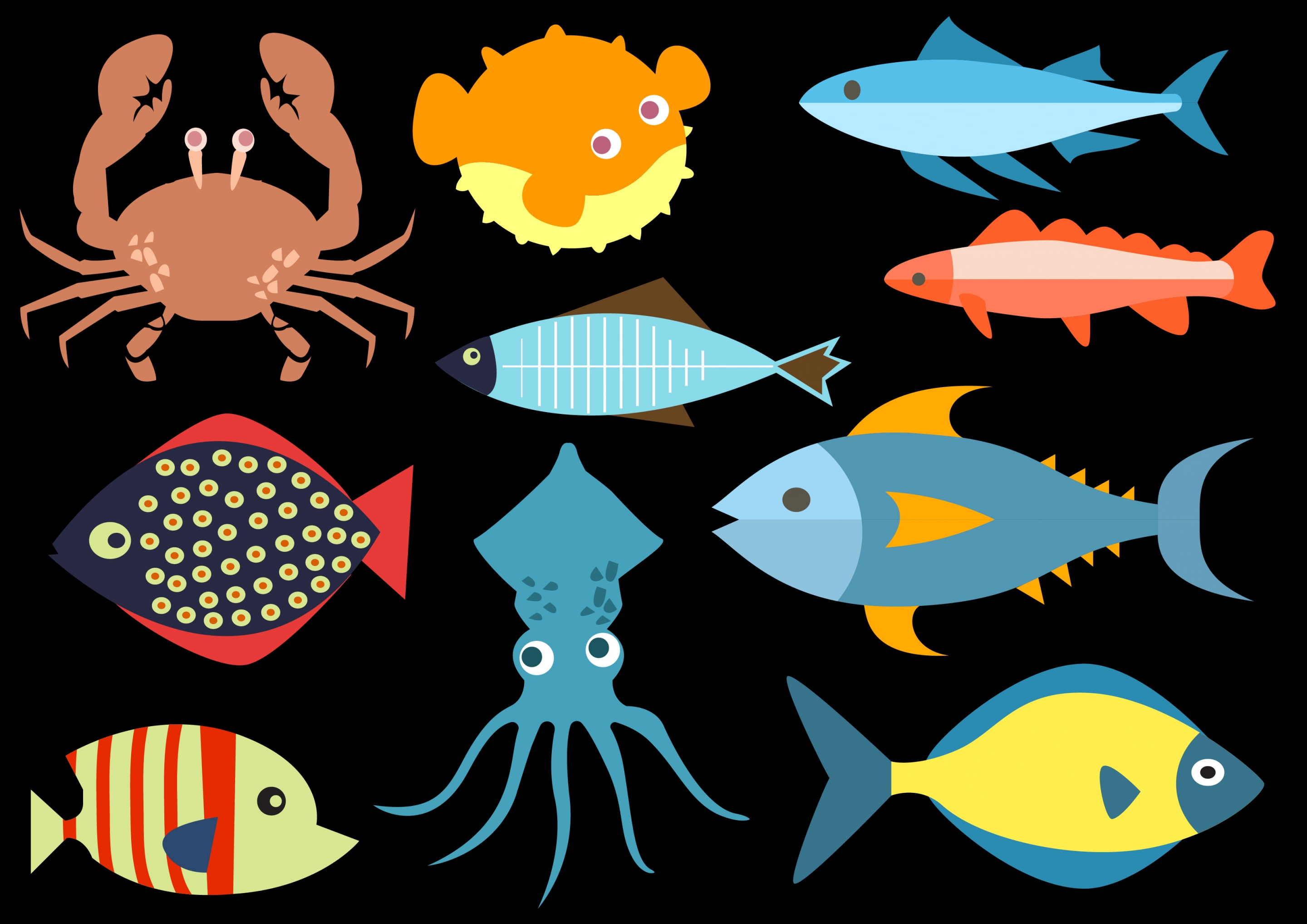 seafood icons collection dark colored flat design