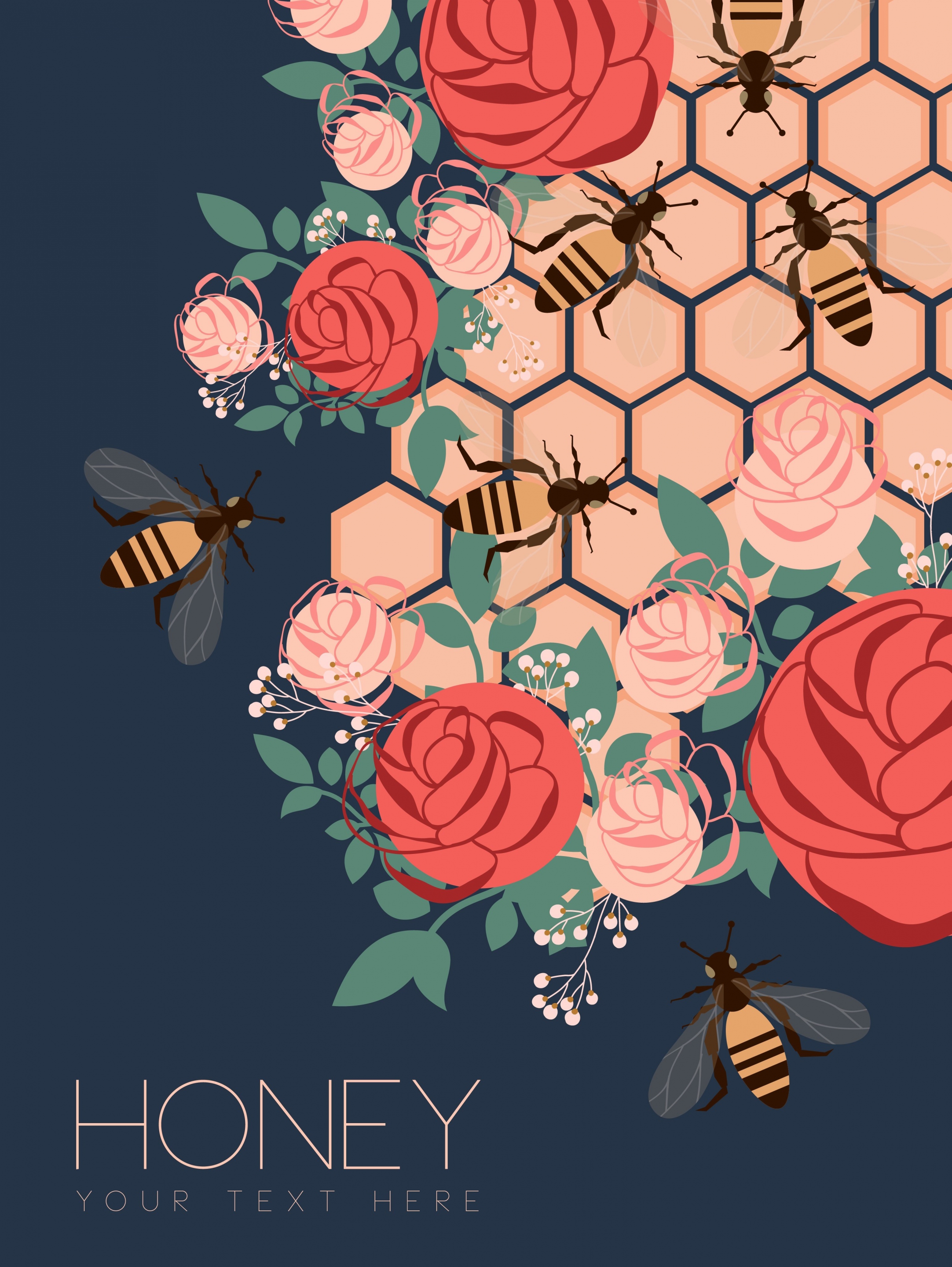 honeycomb background multicolored design rose bee icons