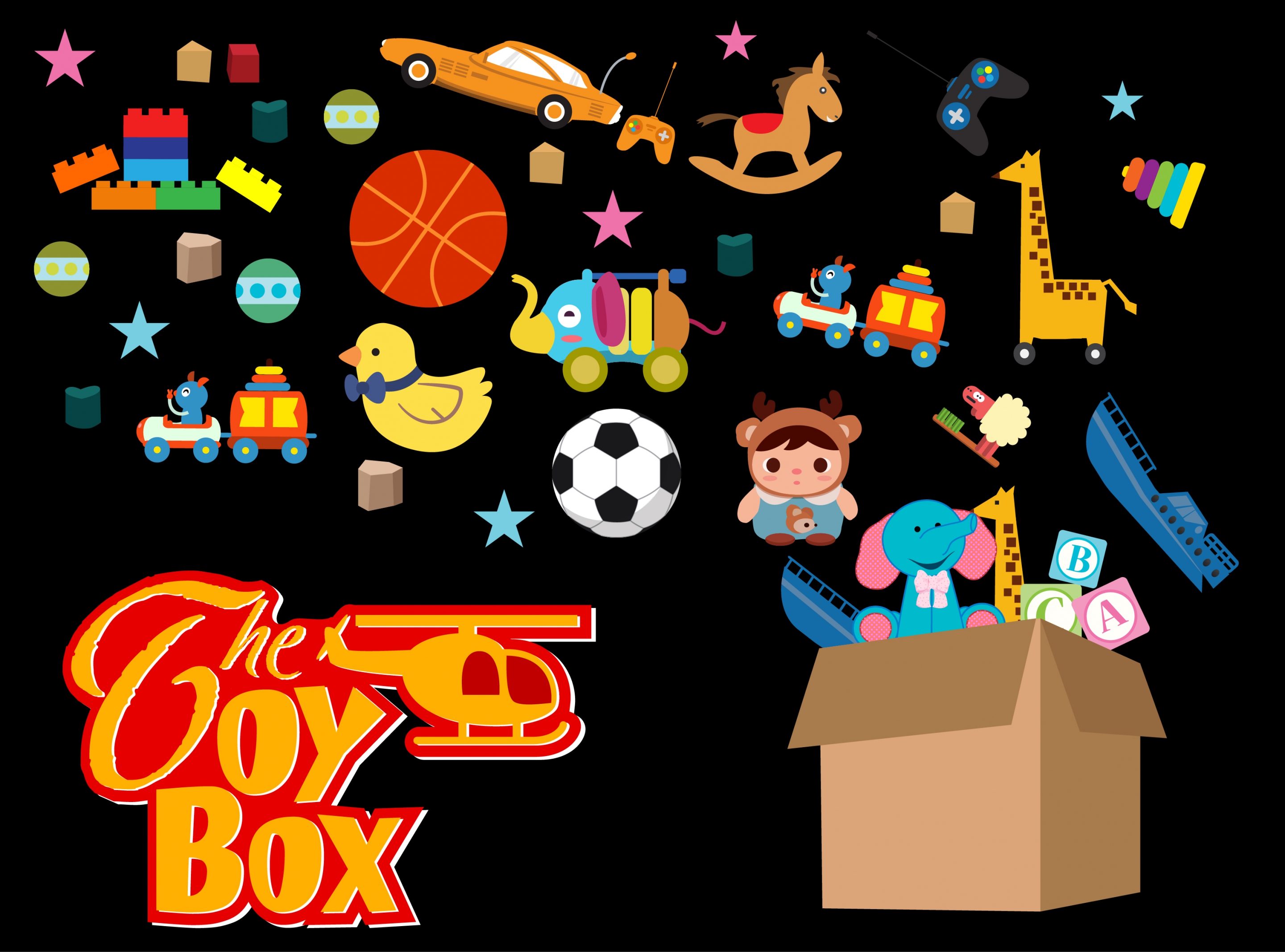 toy box advertising various colorful symbols decoration