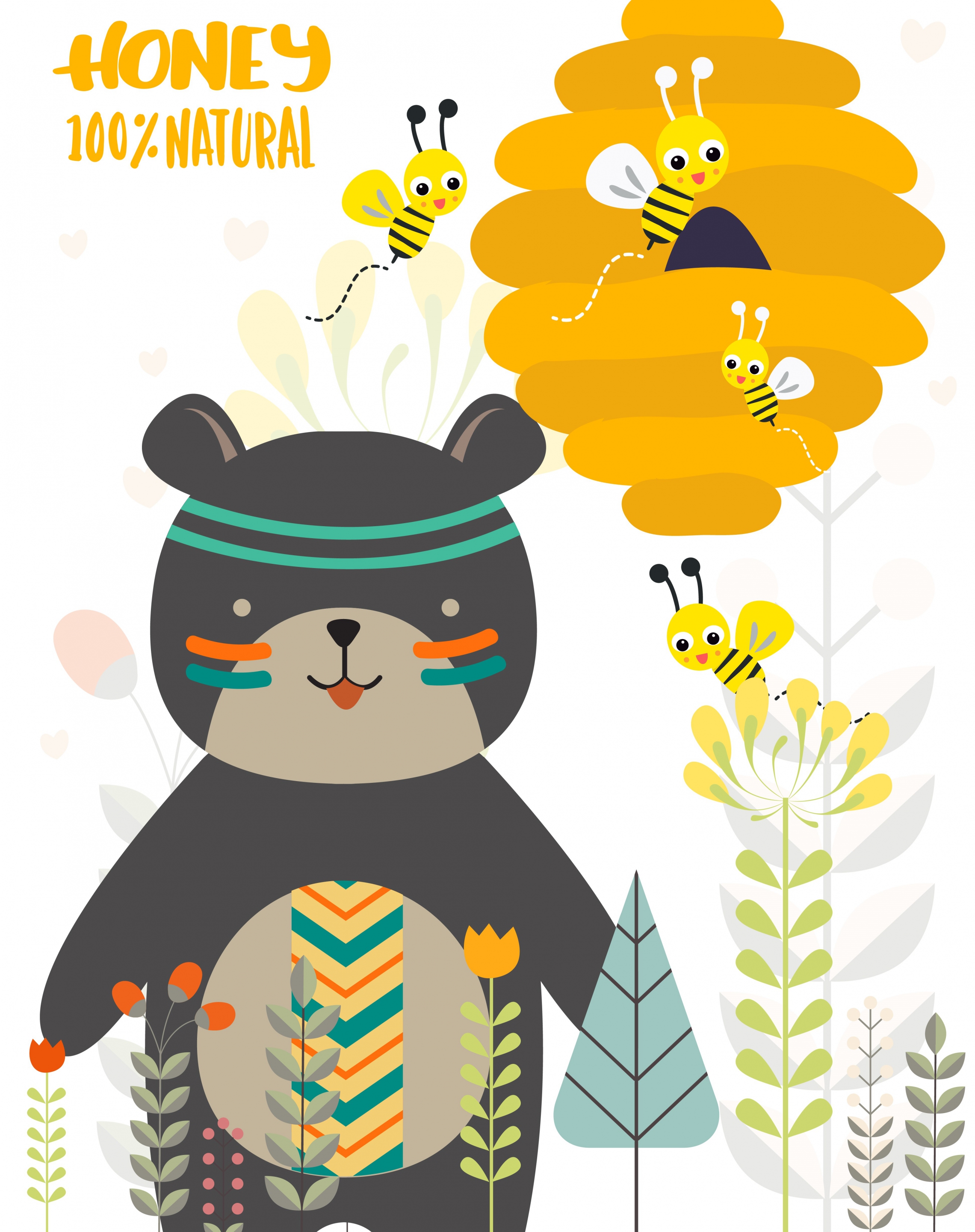 natural honey advertising boho bear bee icons