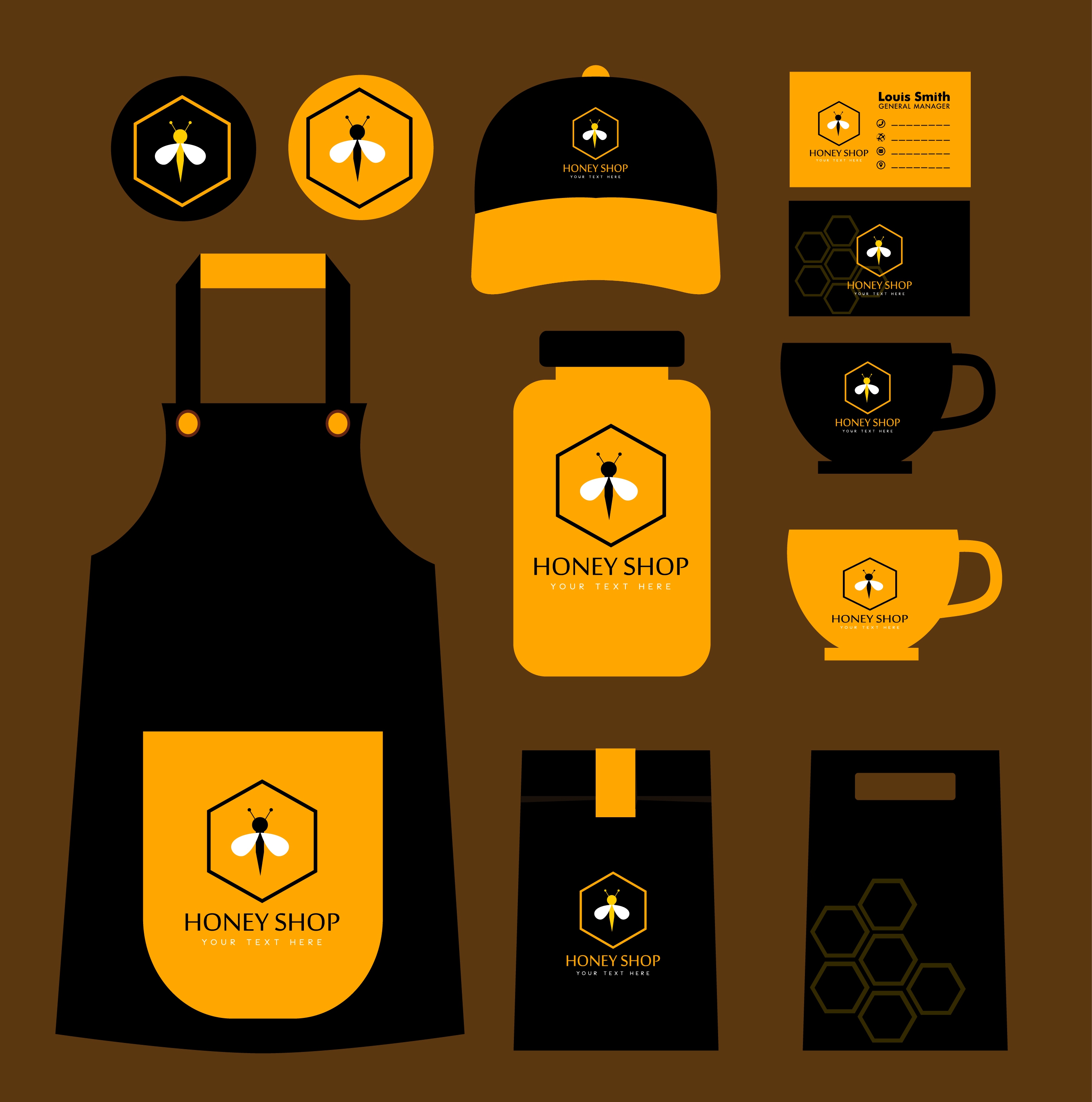 honey shop identity sets black yellow bee icon