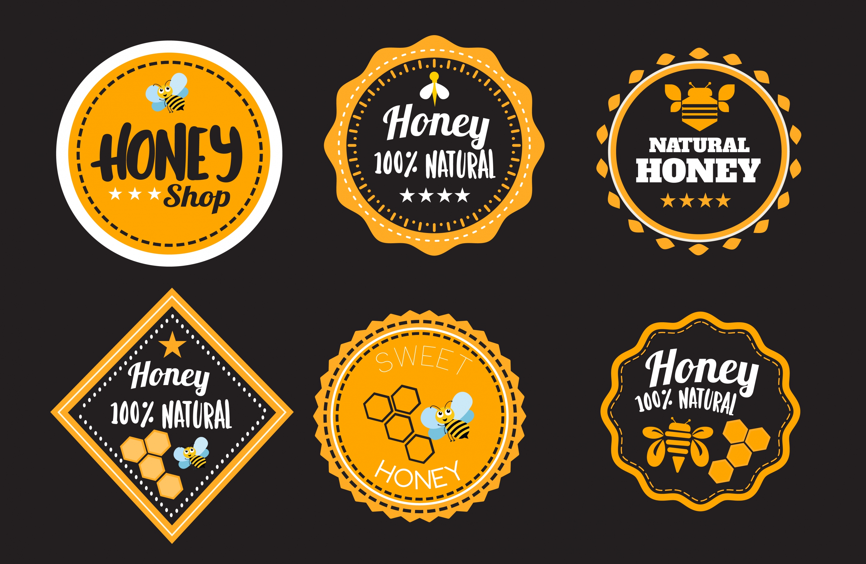 honey promotion labels black yellow design various shapes