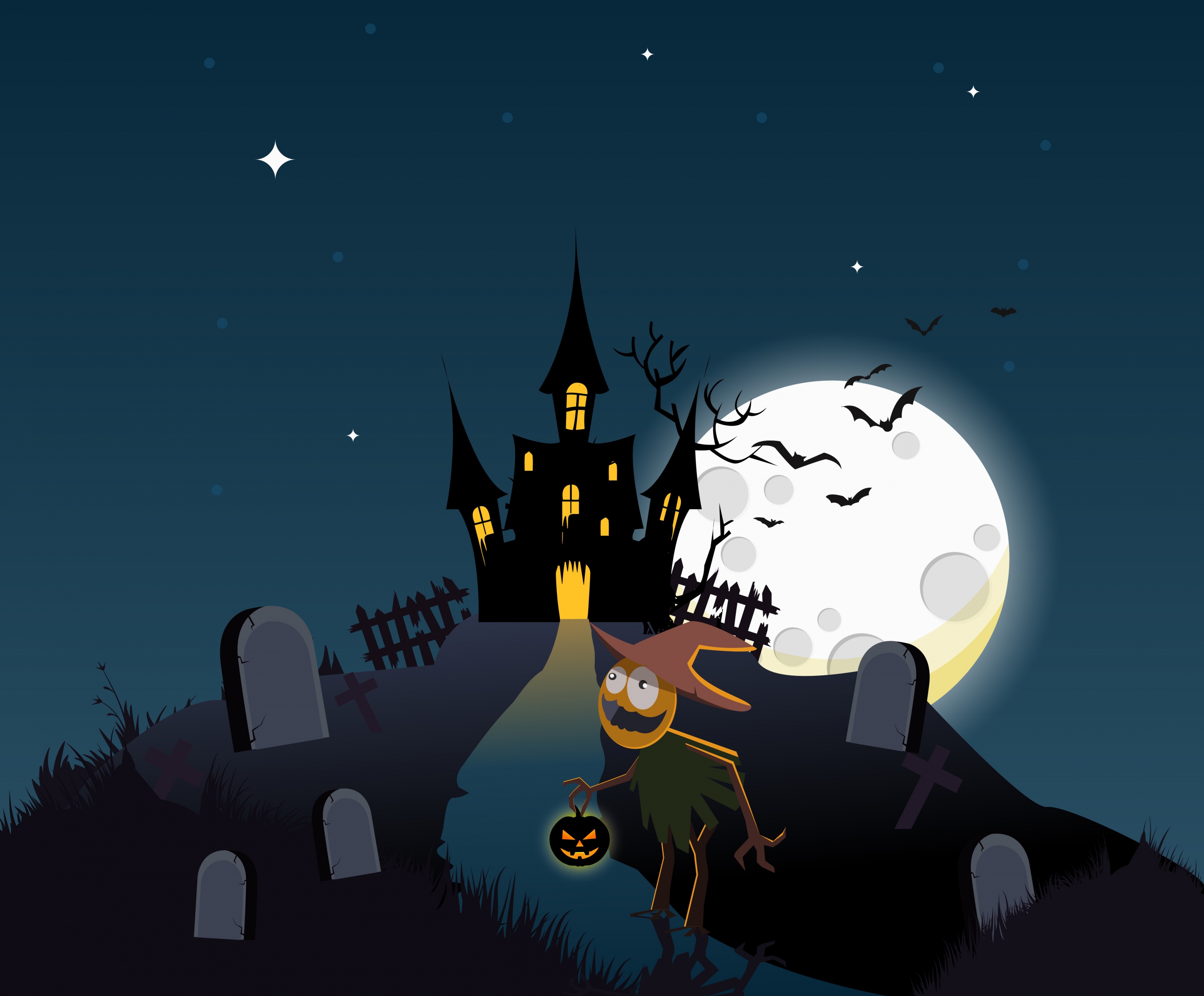 halloween background moonlight castle cemetery ghost icons