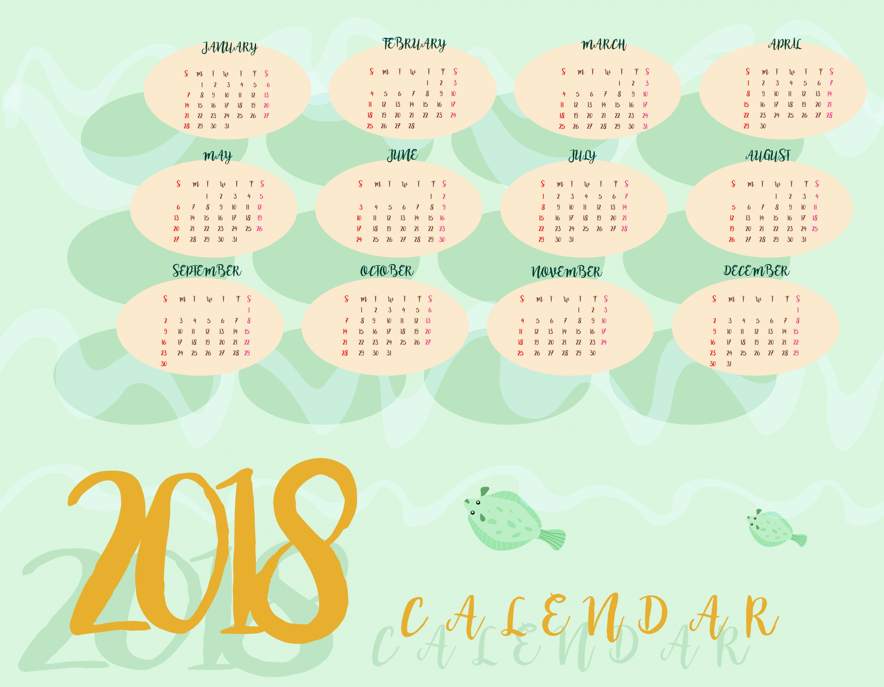 2018 calendar background marine fishes decoration