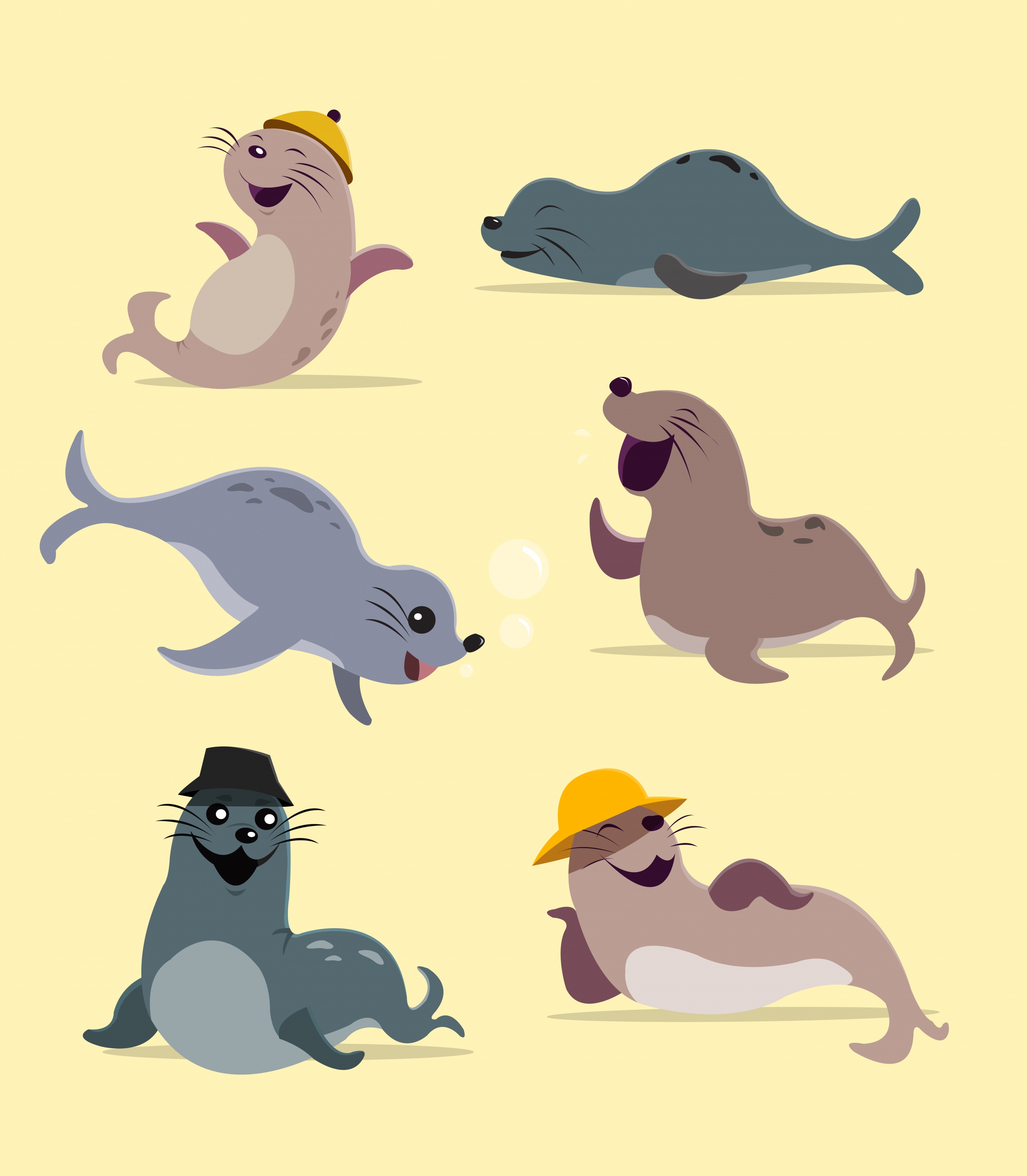 seal icons collection various funny gestures cartoon style