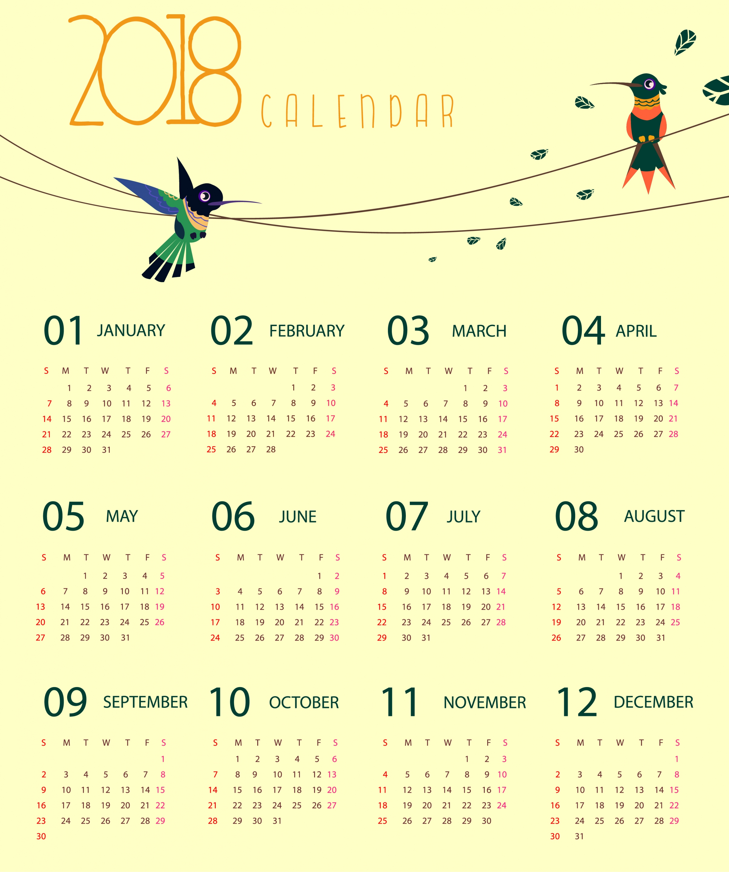 2018 calendar template woodpecker icons decoration