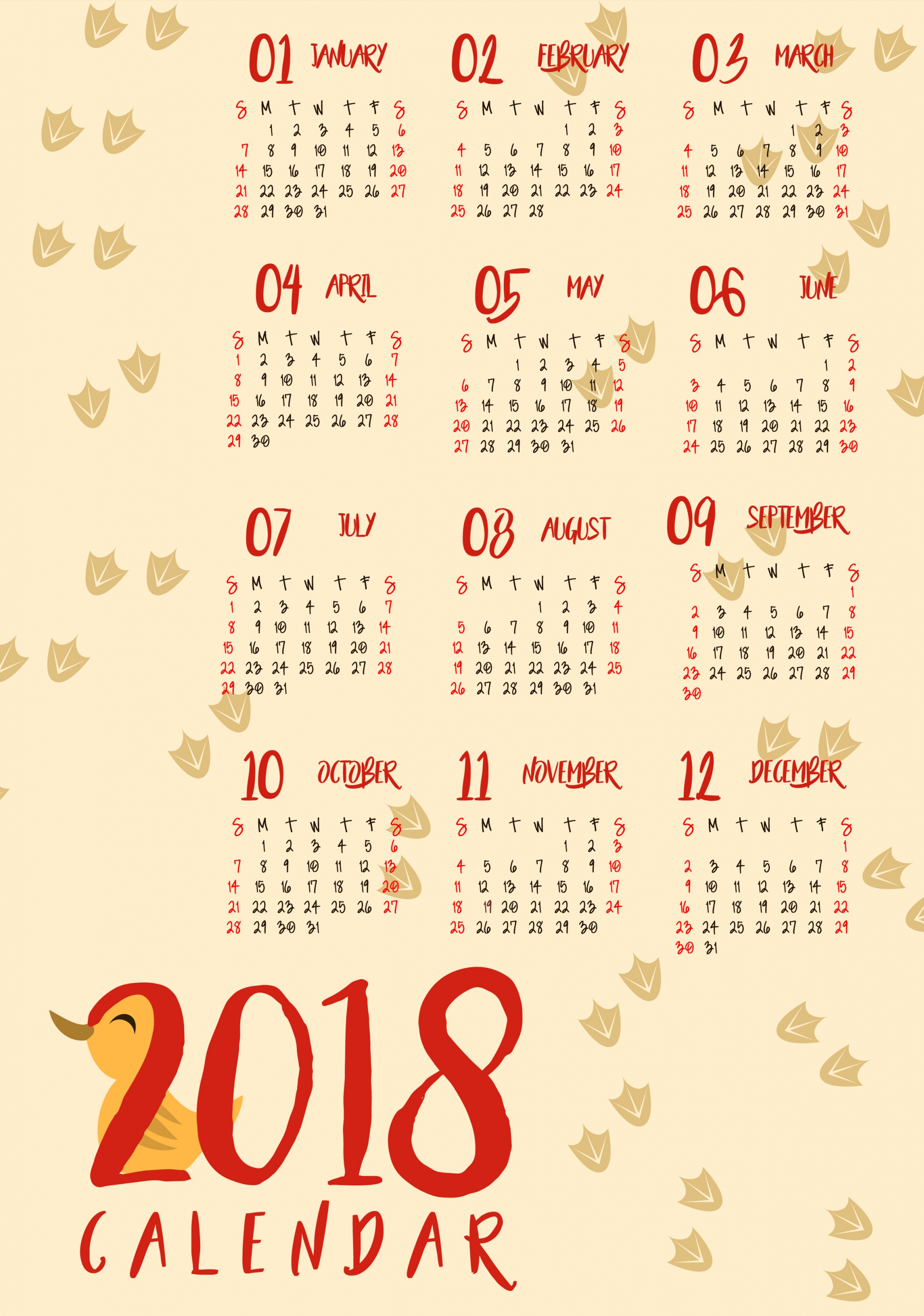 2018 calendar background duck footprints icons design