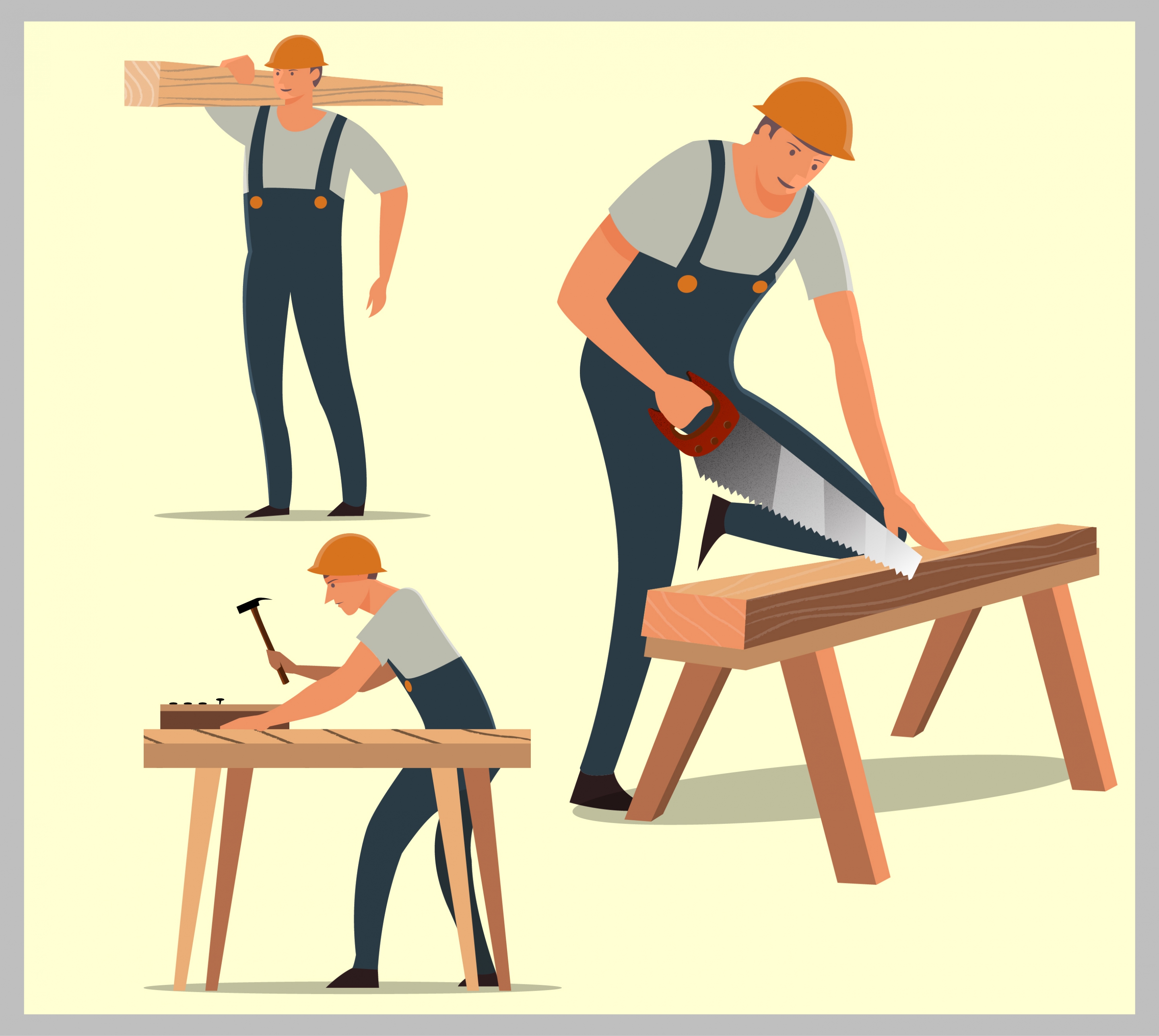 carpentry work icons male worker various gestures isolation