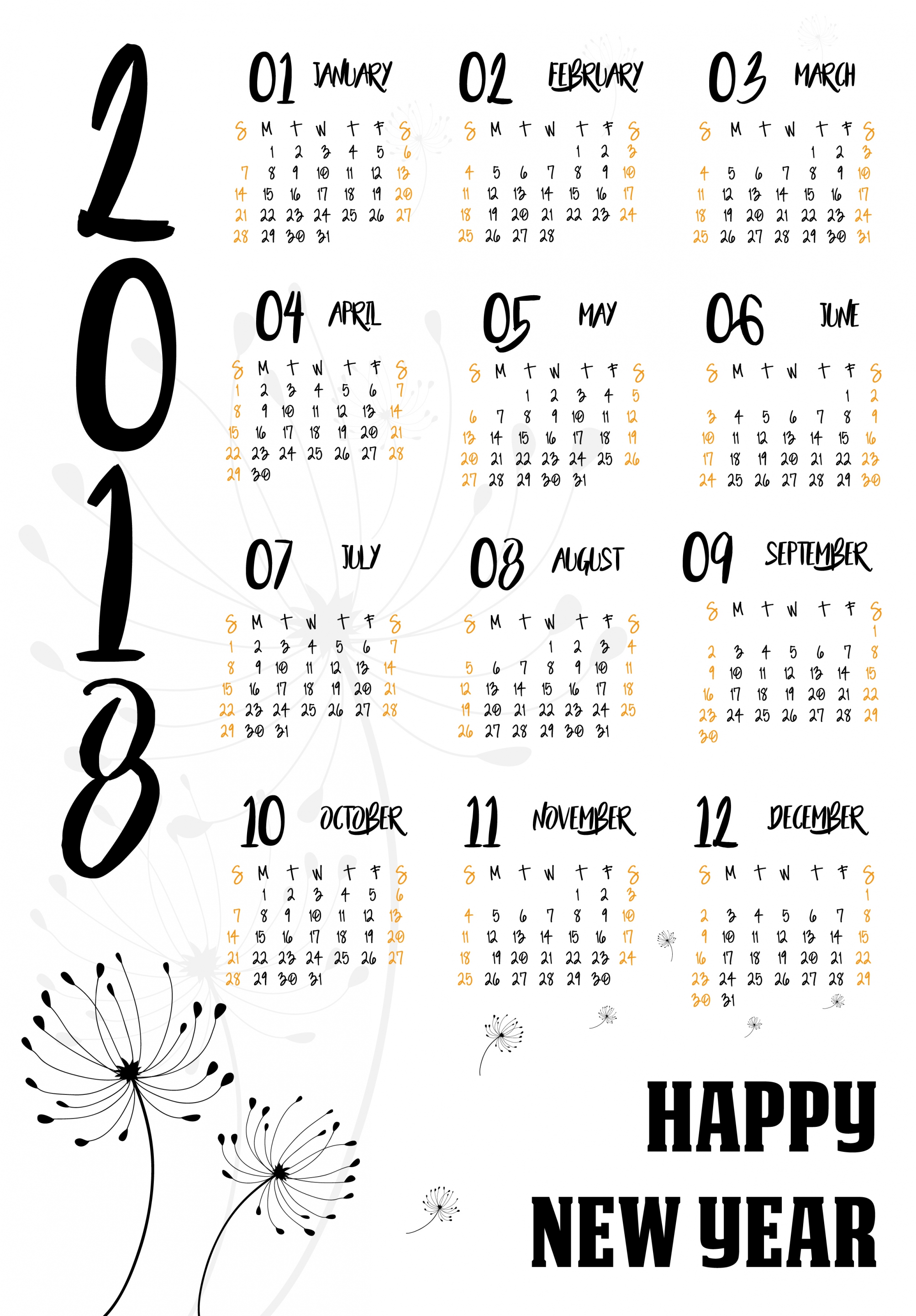 2018 calendar template dandelion icon decoration