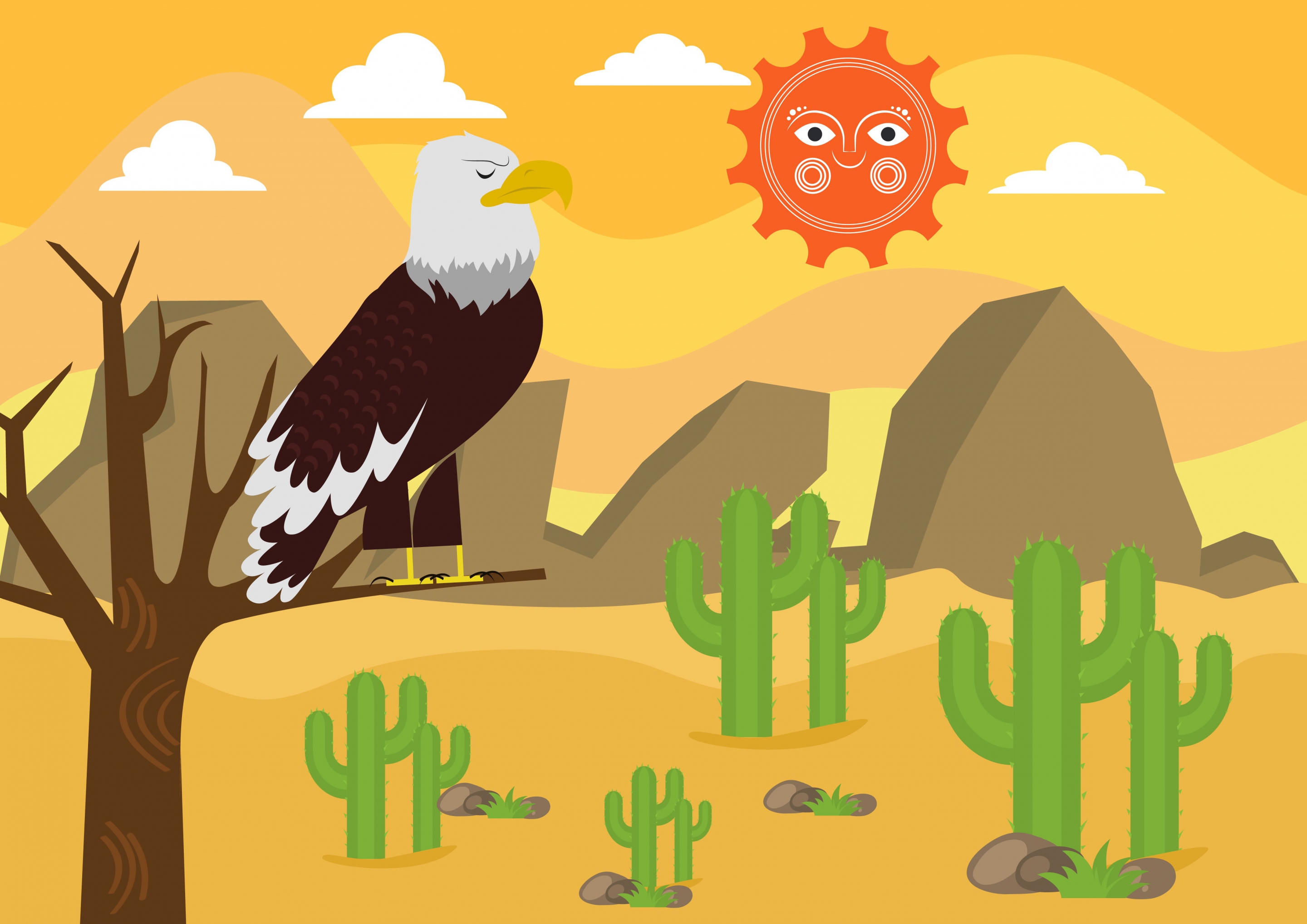 wild desert background eagle sun icons cartoon design