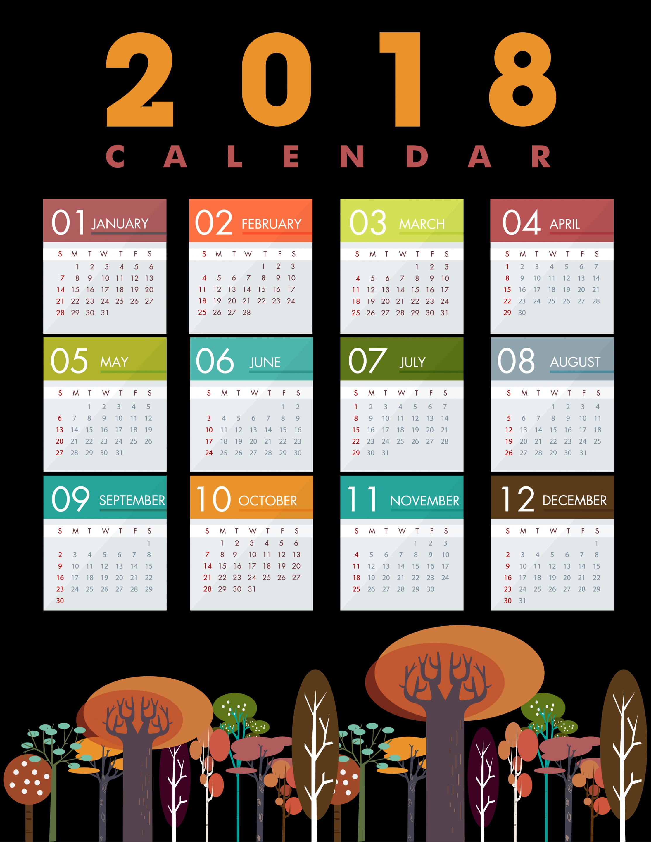 2018 calendar template multicolored tree icons decor