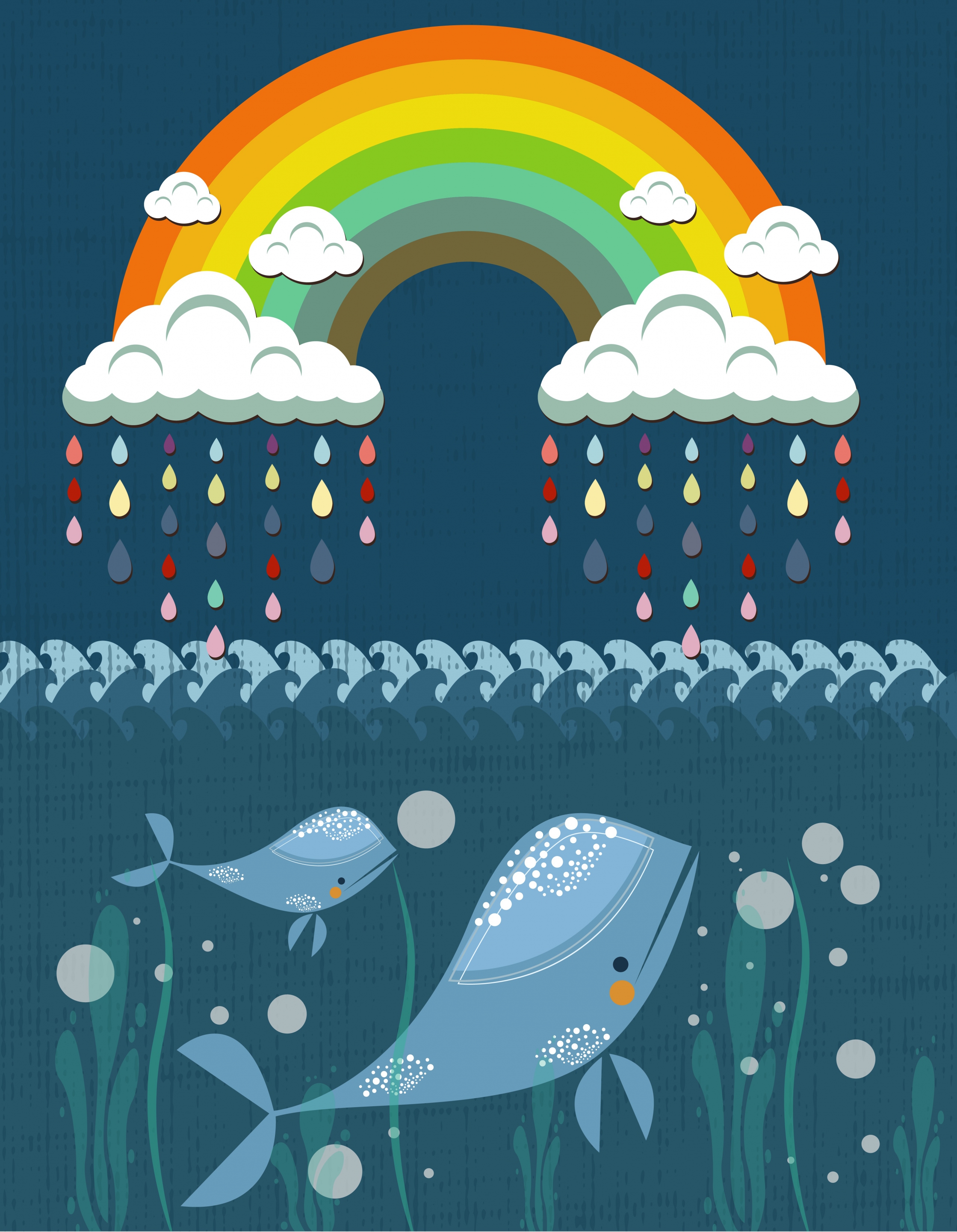 rainbow ocean background cloud rain drops whale icons