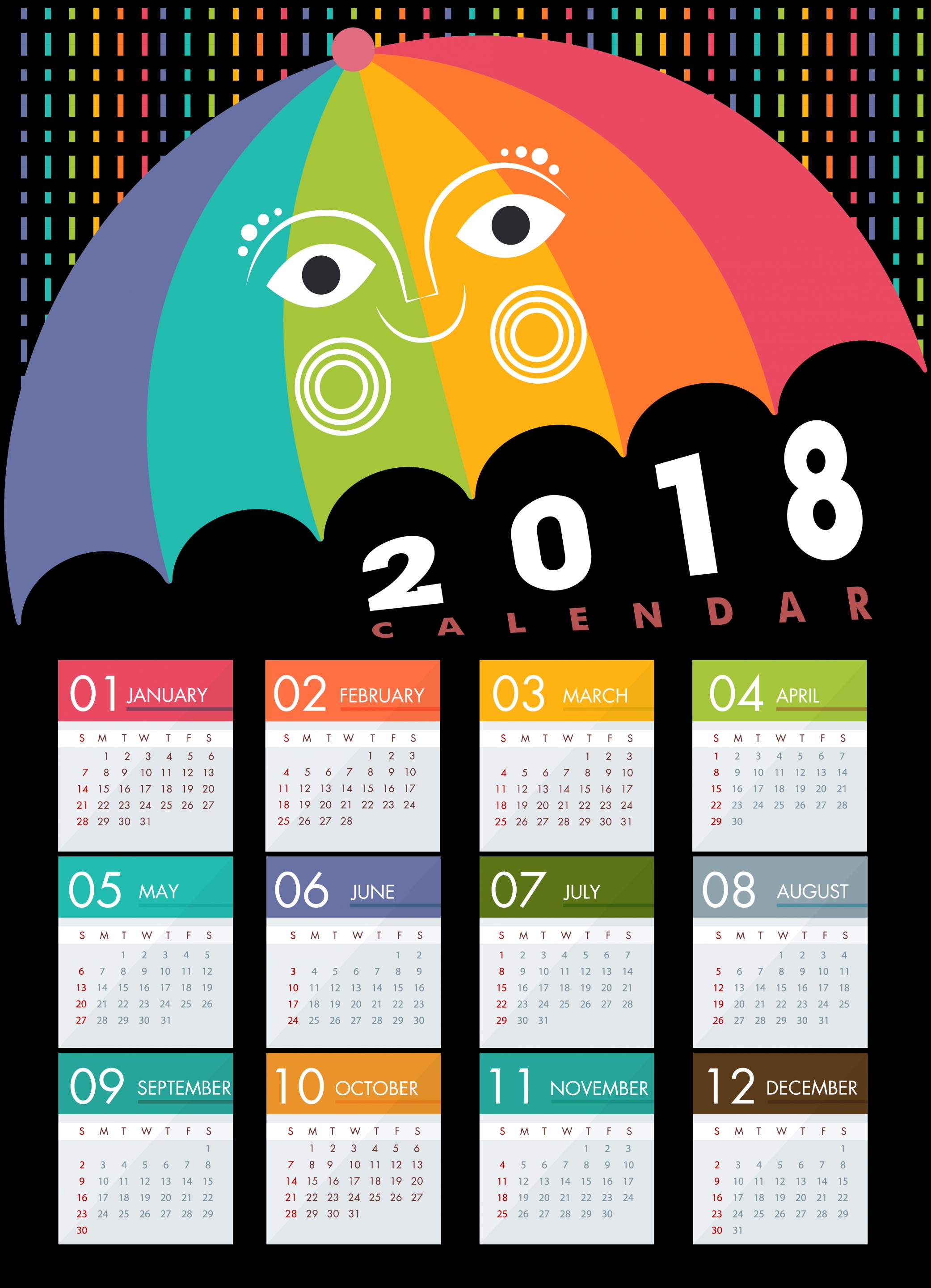 2018 calendar design stylized colorful umbrella icon