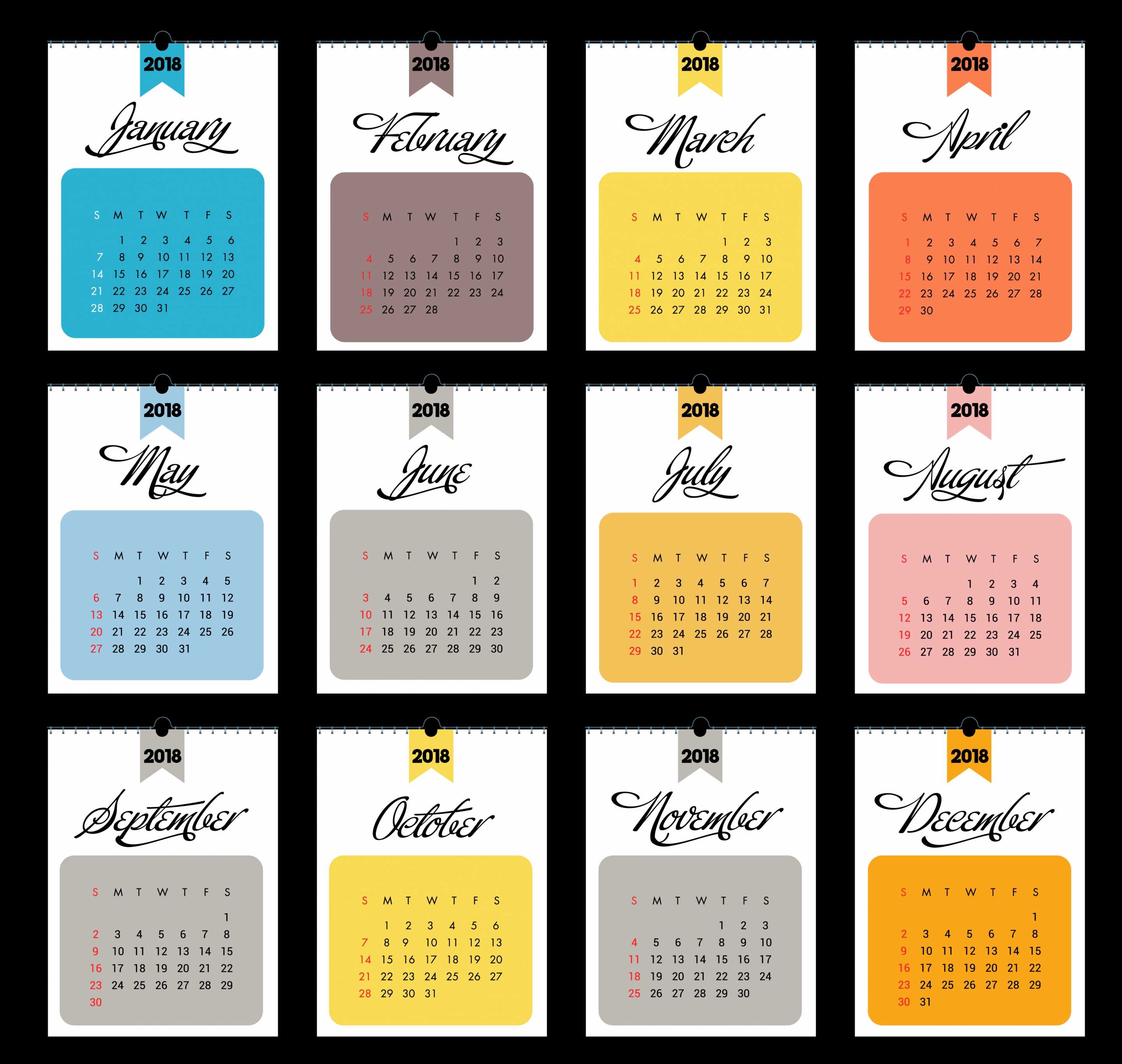 2018 calendar template flat rectangular section isolation