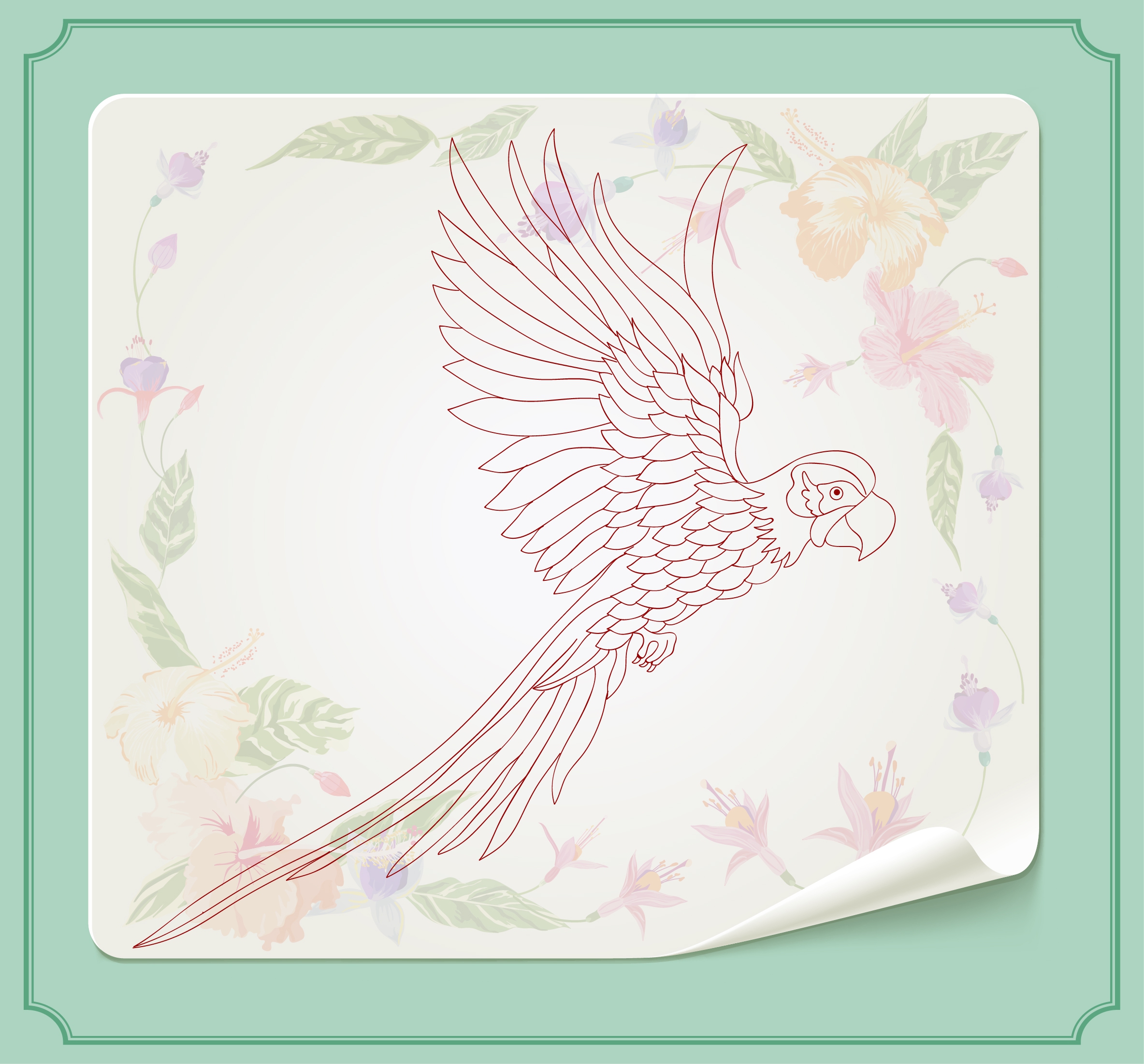 flying parrot sketch colorful flora background decor