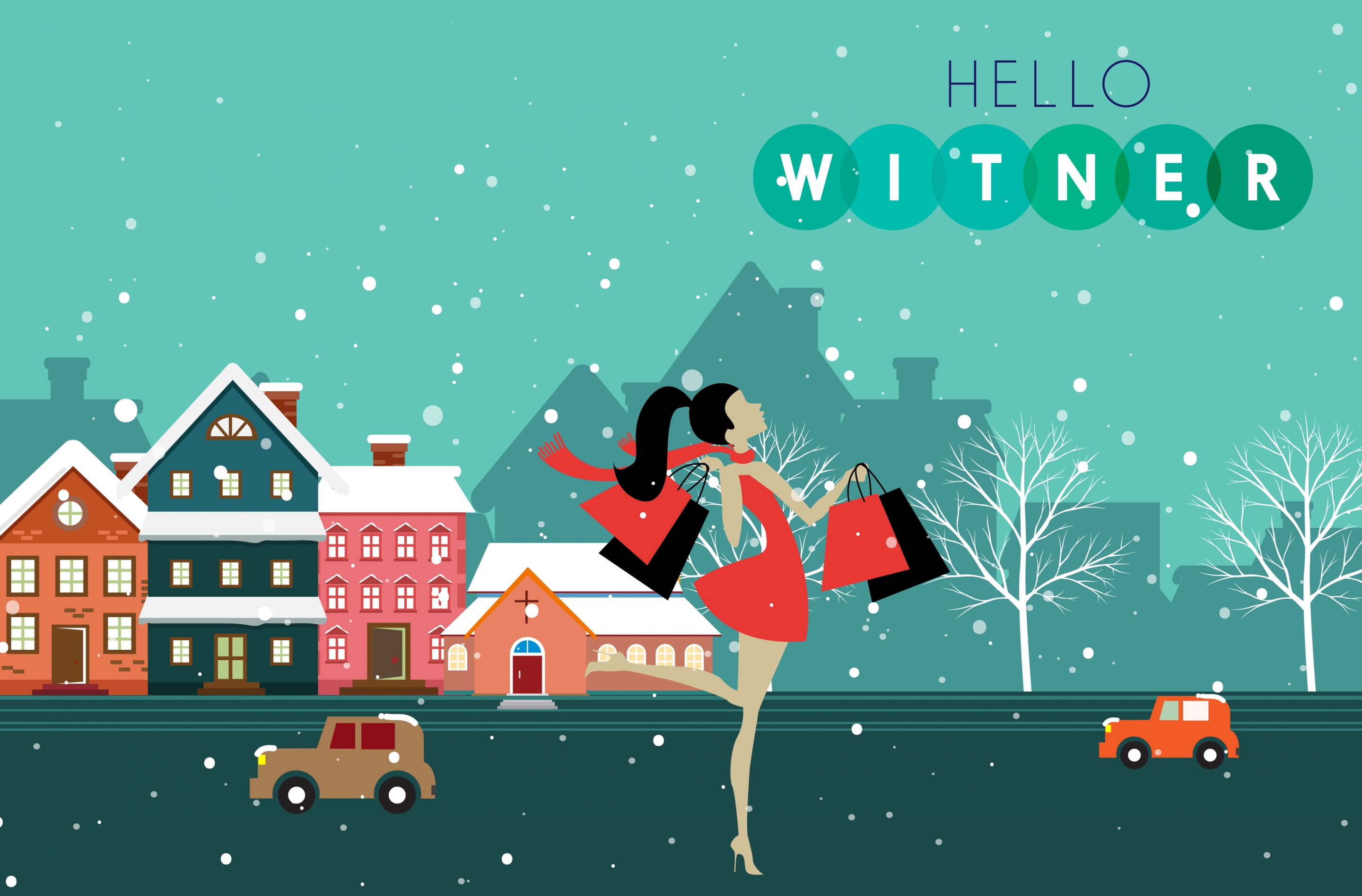 winter sale banner shopping lady icon town scape