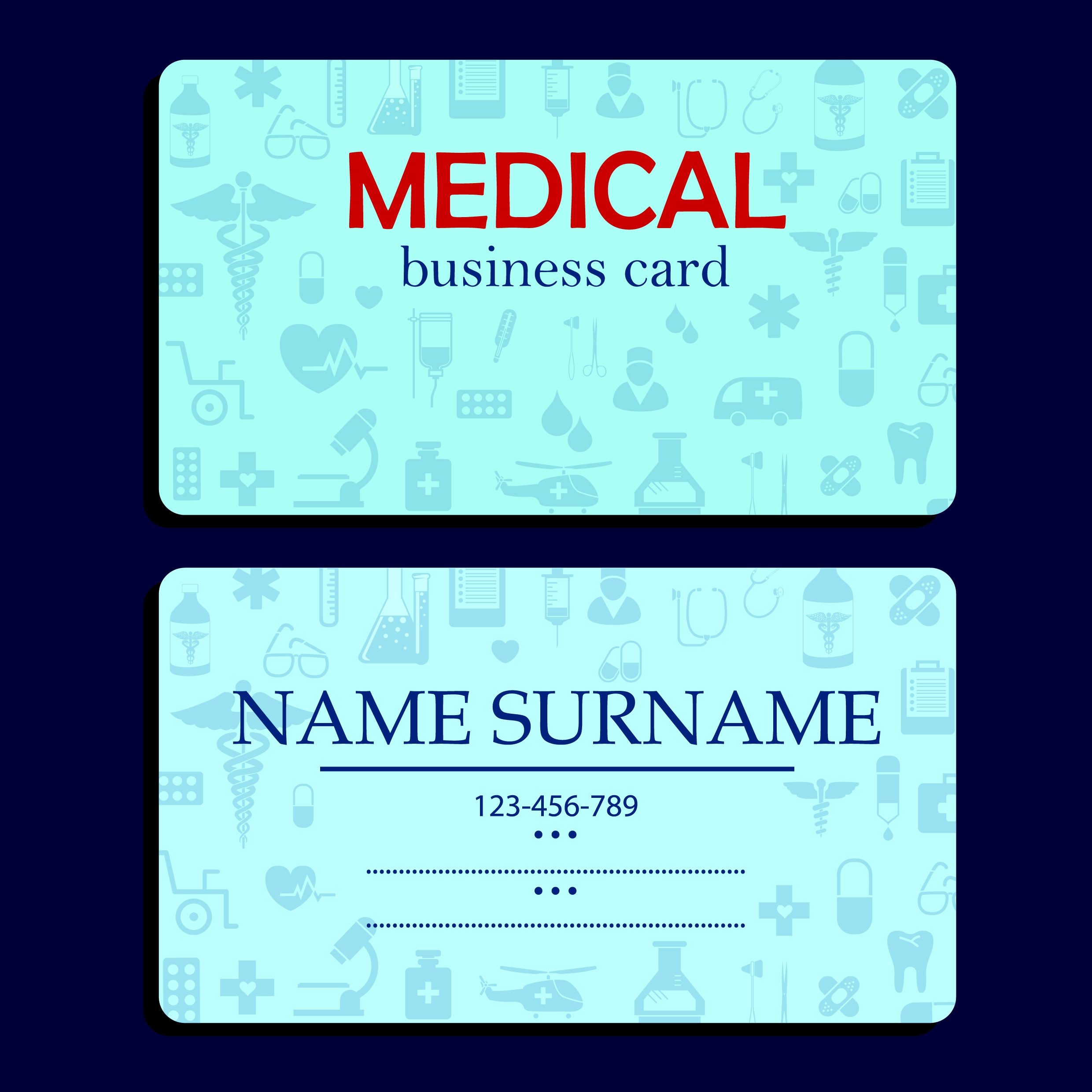 name card template medical icons decor blue vignette