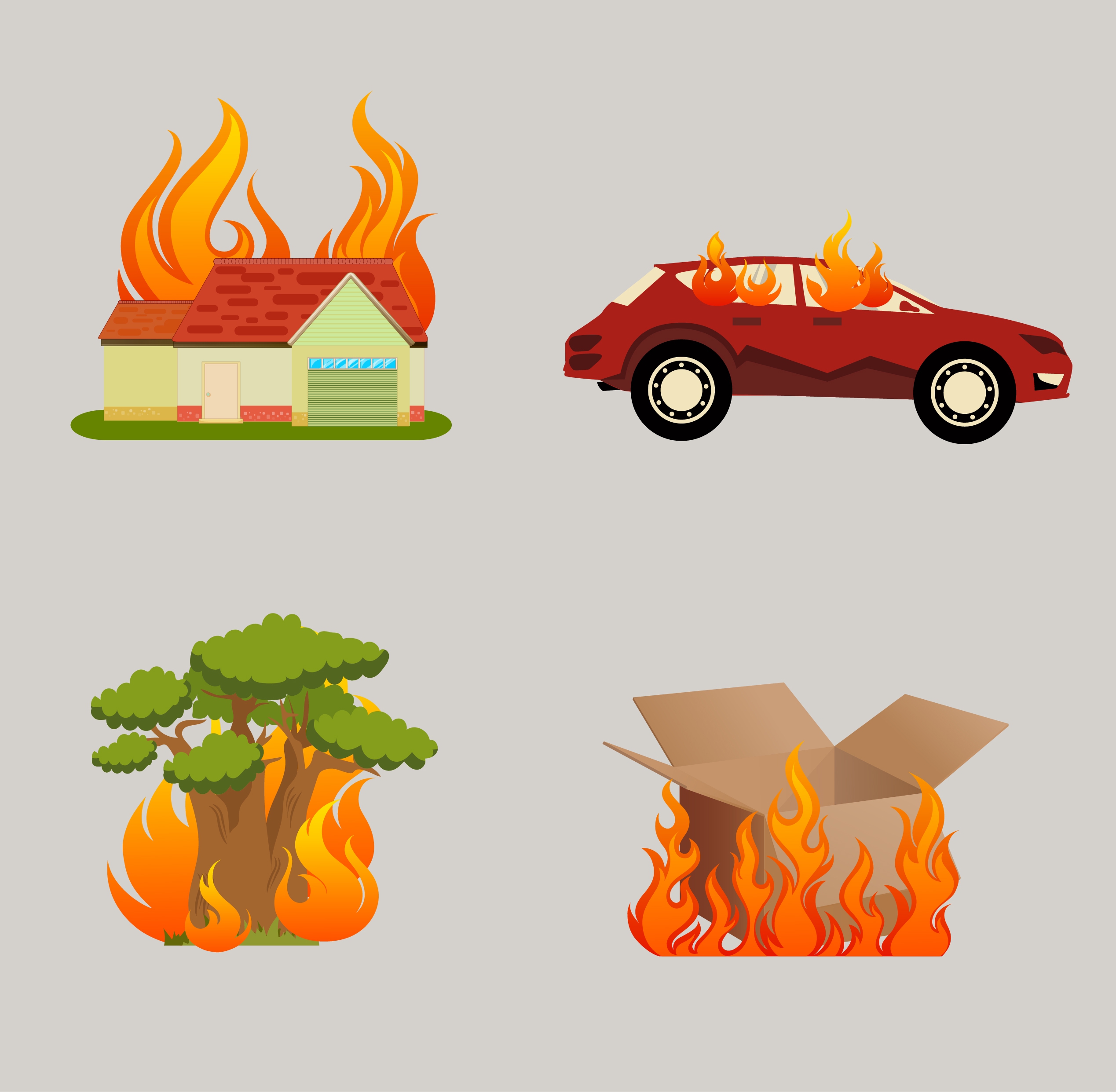 burnt objects isolation car house tree box icons