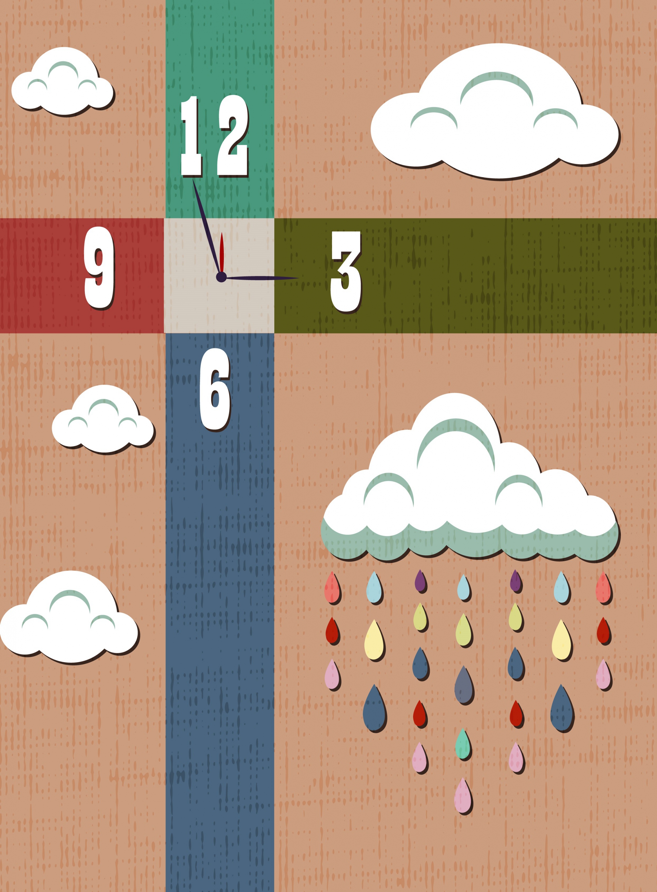 classical clock background cloud rain drop icons