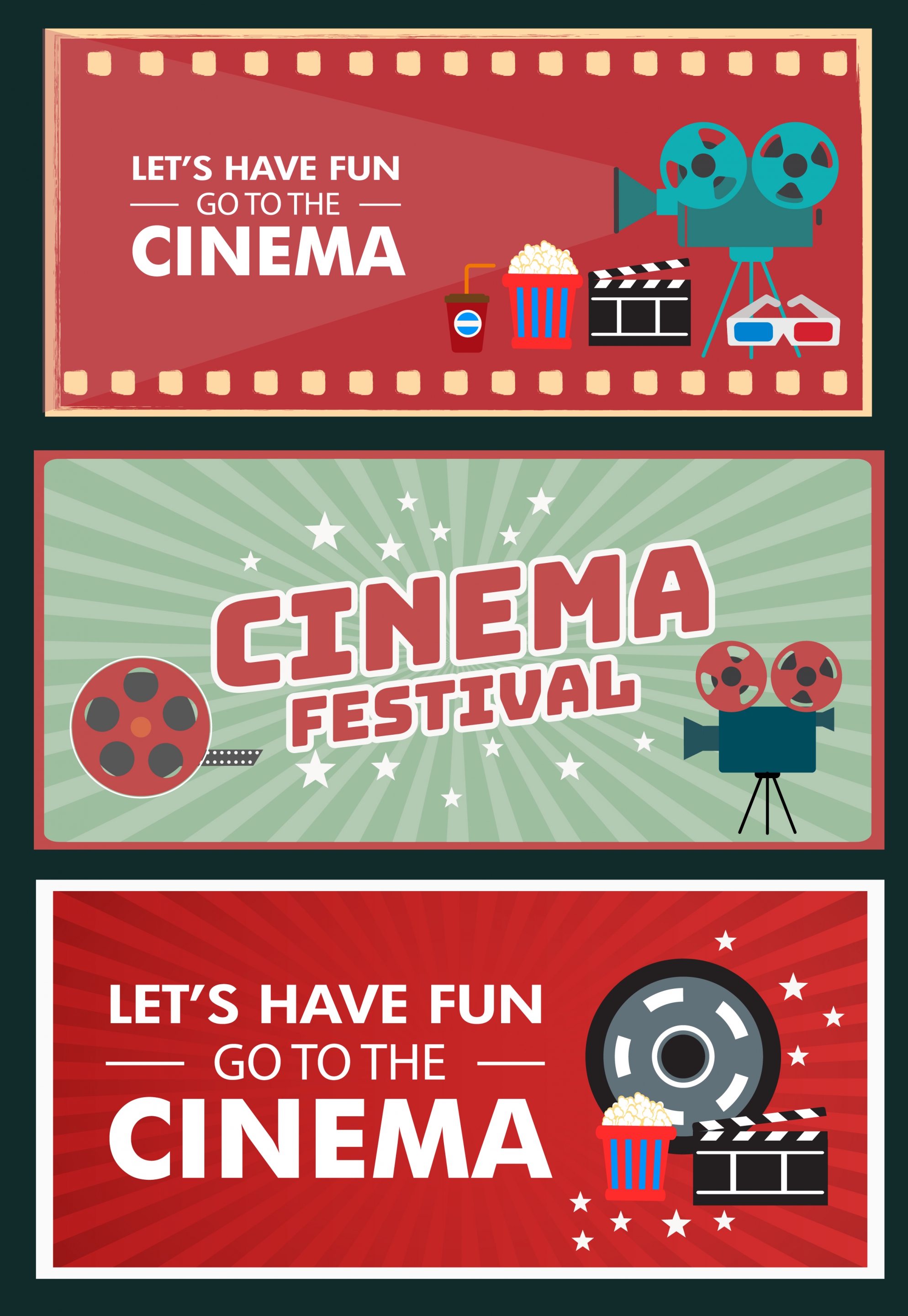 cinema banner templates colorful horizontal design various symbols