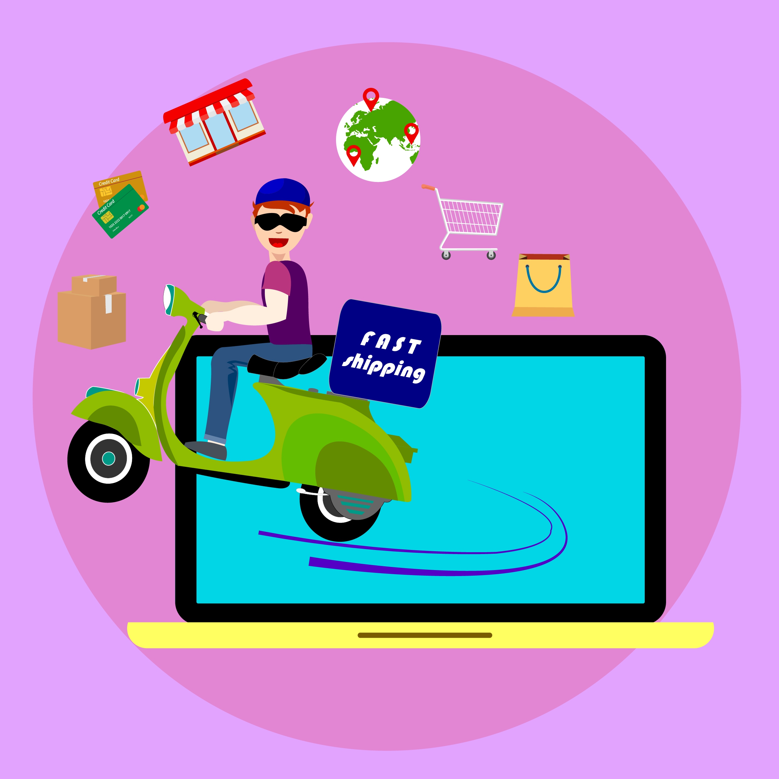 fast shipping banner boy riding motorbike computer icon