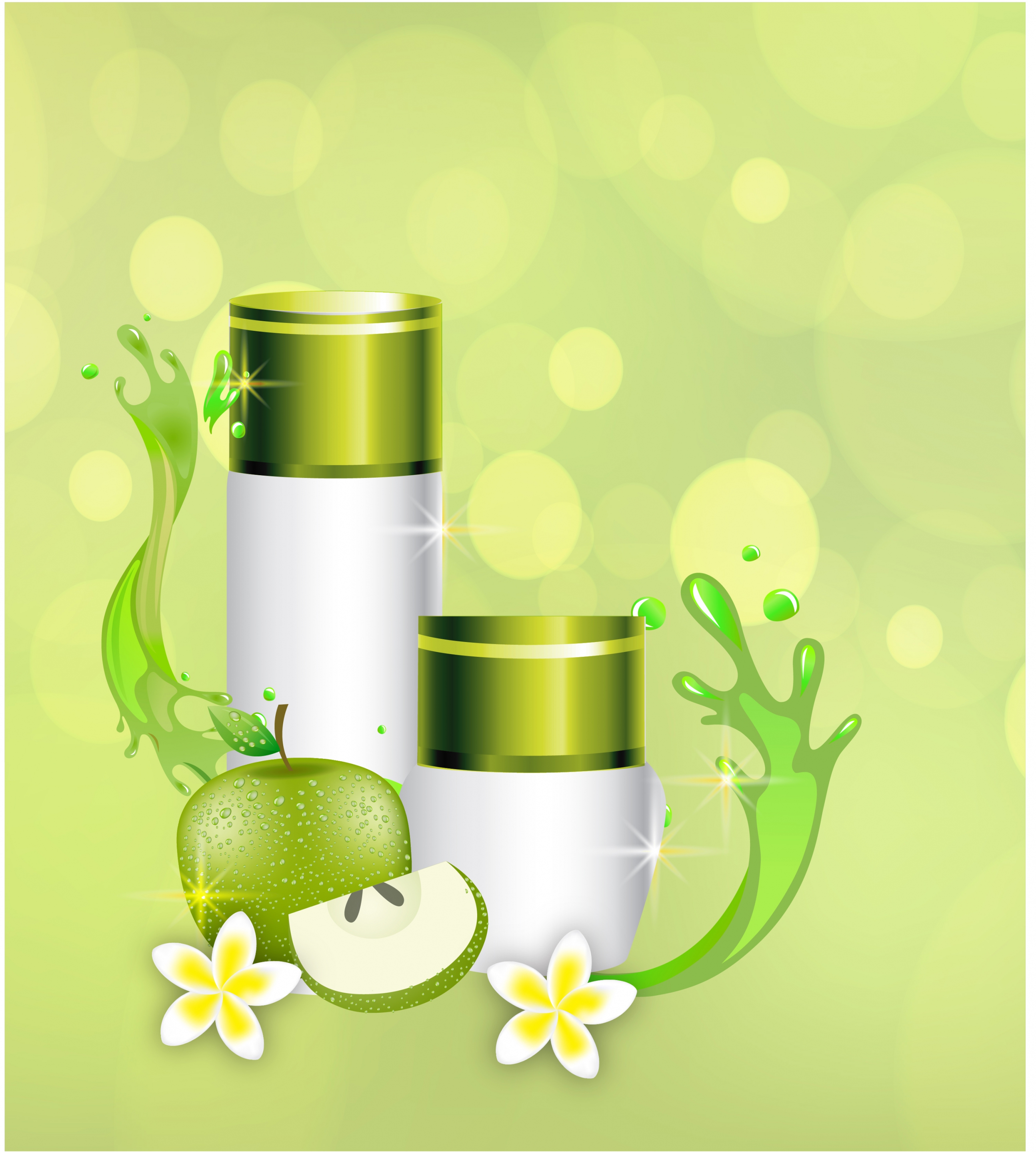 organic cosmetic advertisement flowers apple cream tube icons