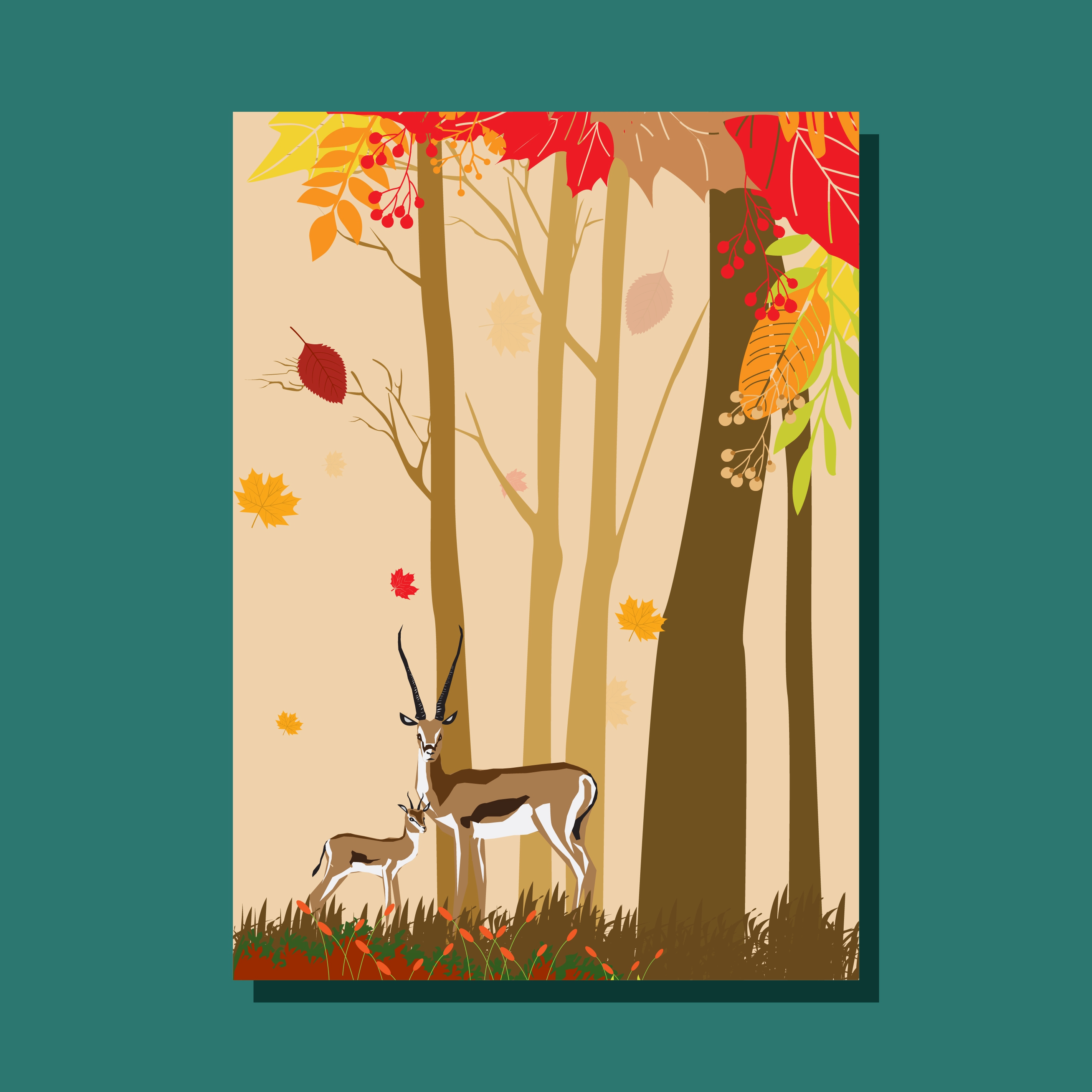 autumn forest drawing cartoon manner reindeer trees decoration