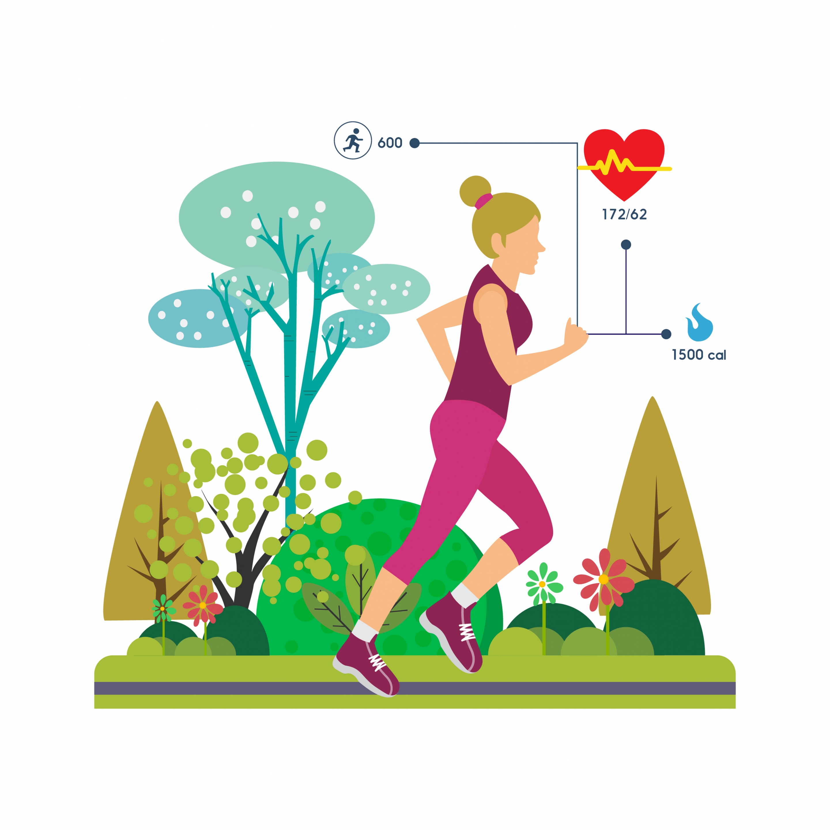 active woman icon exercise activity colorful trees backdrop