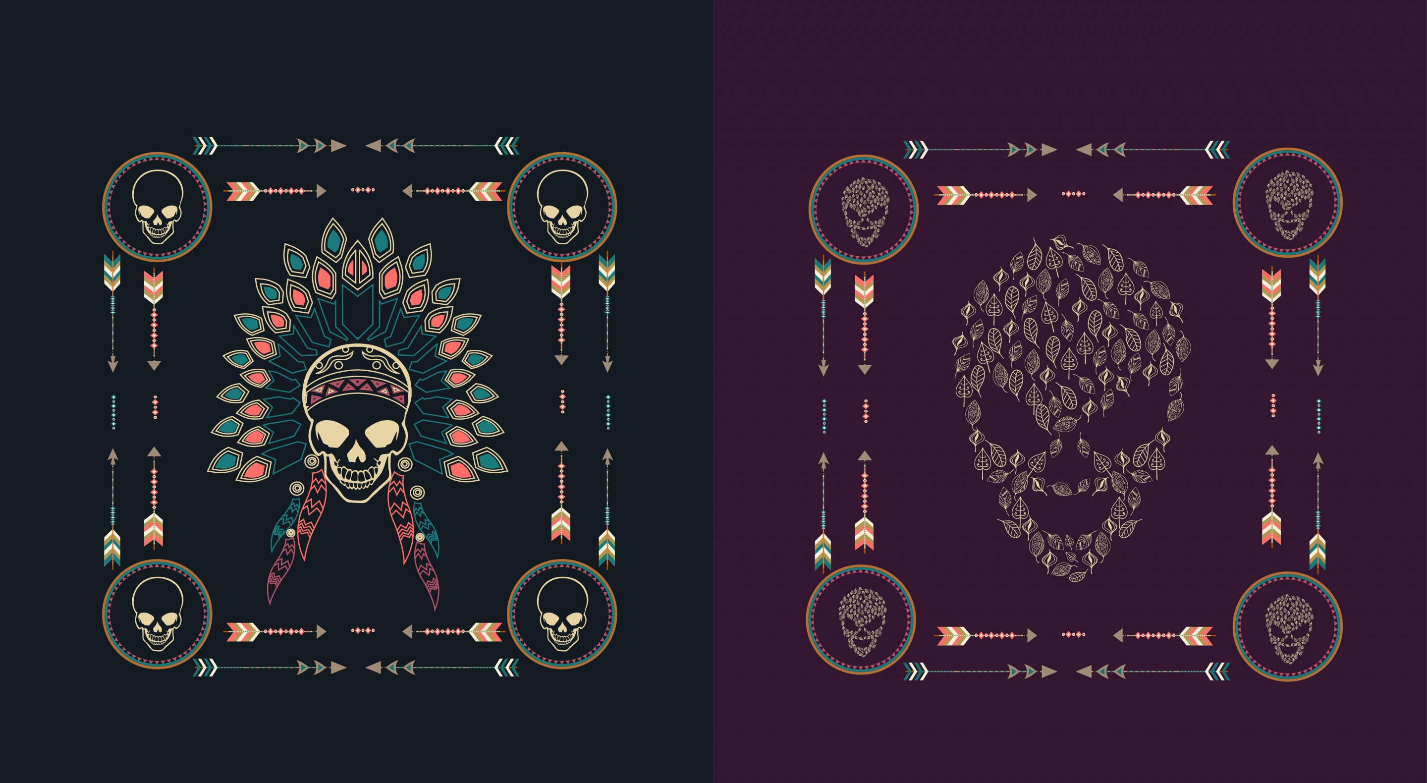 skull background sets tribal style dark design