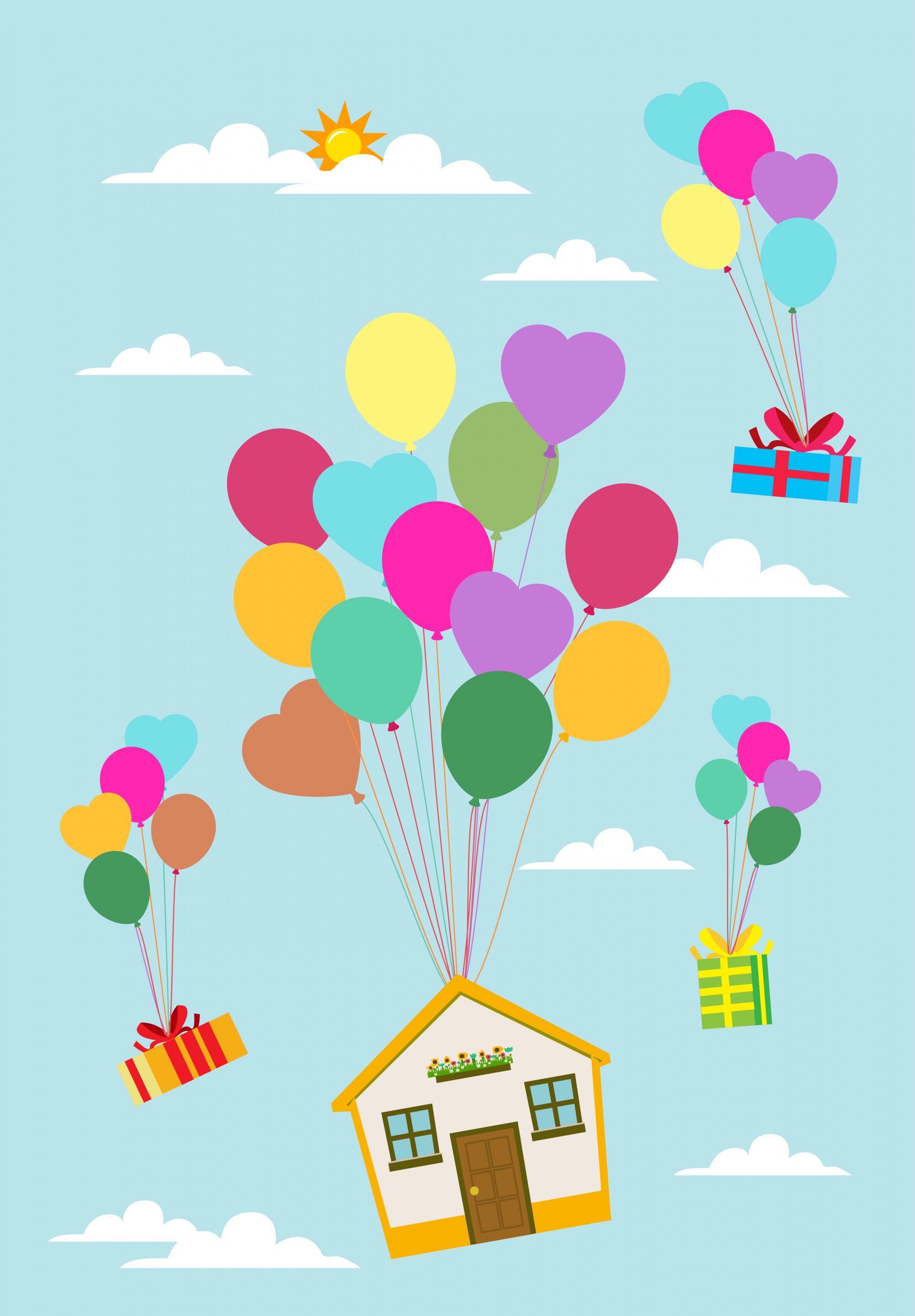 balloons background floating house presents decoration cartoon style