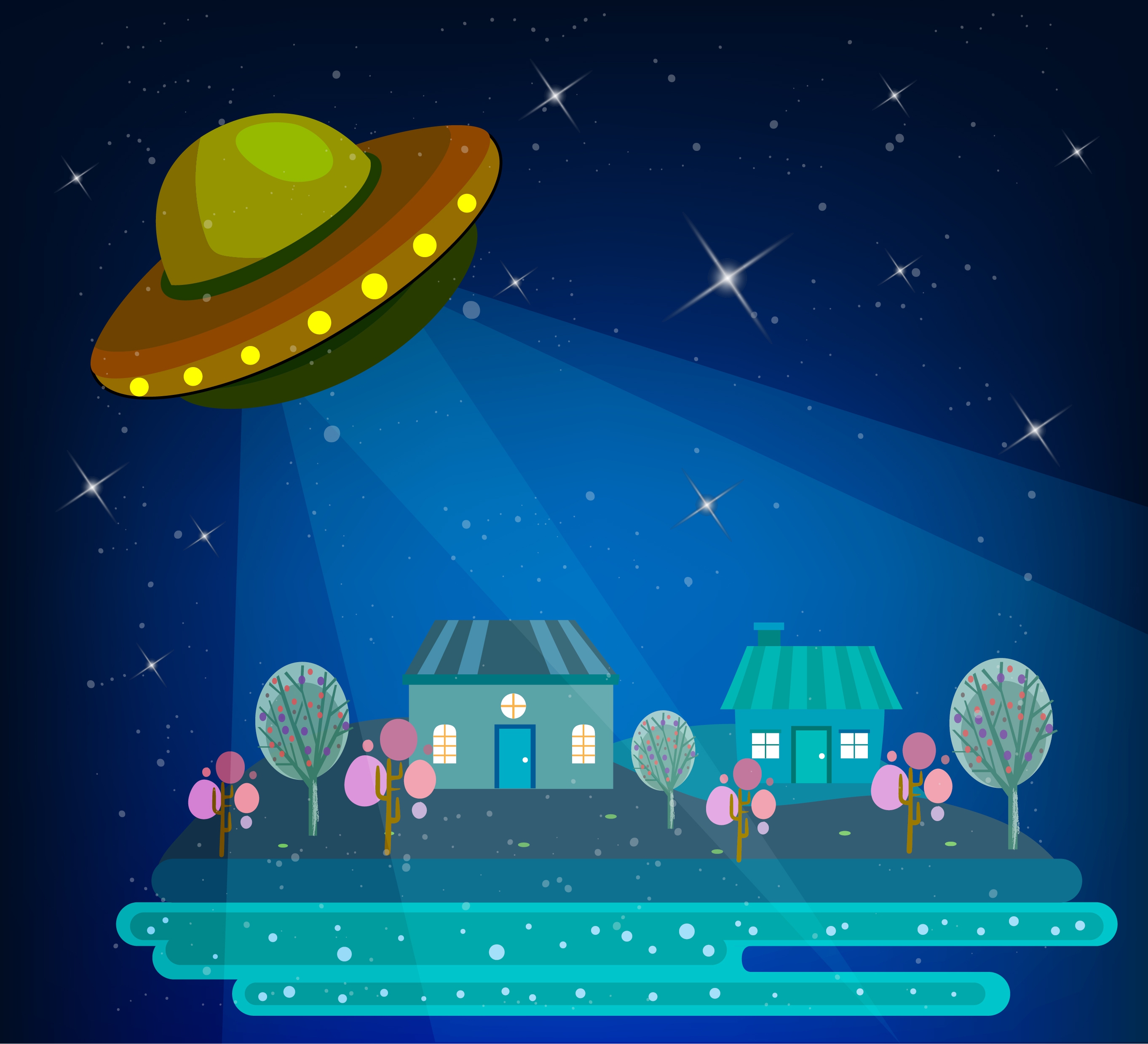 ufo background sparkling sky backdrop lighted houses icons