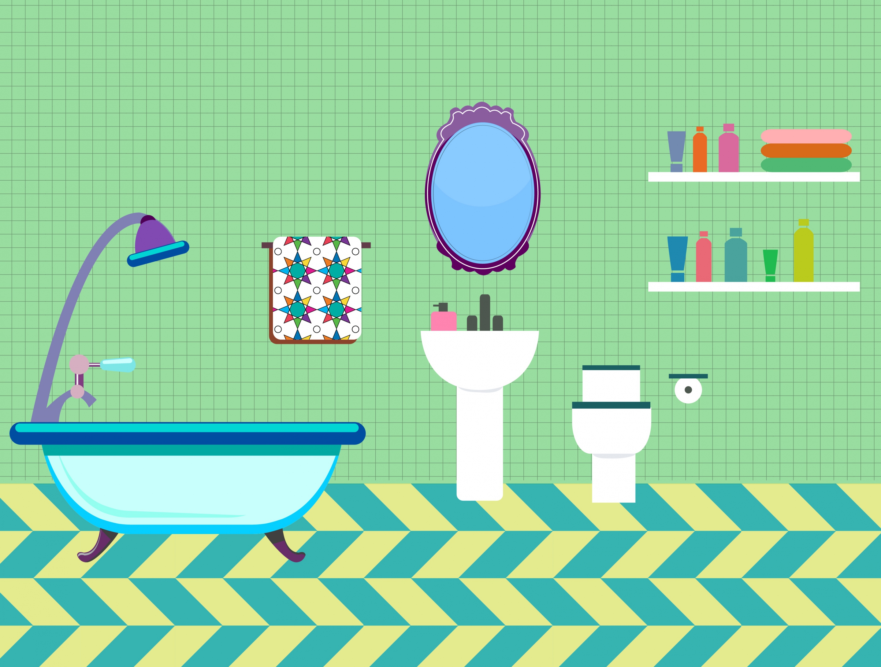 bathroom arrangement colored furniture icons sketch