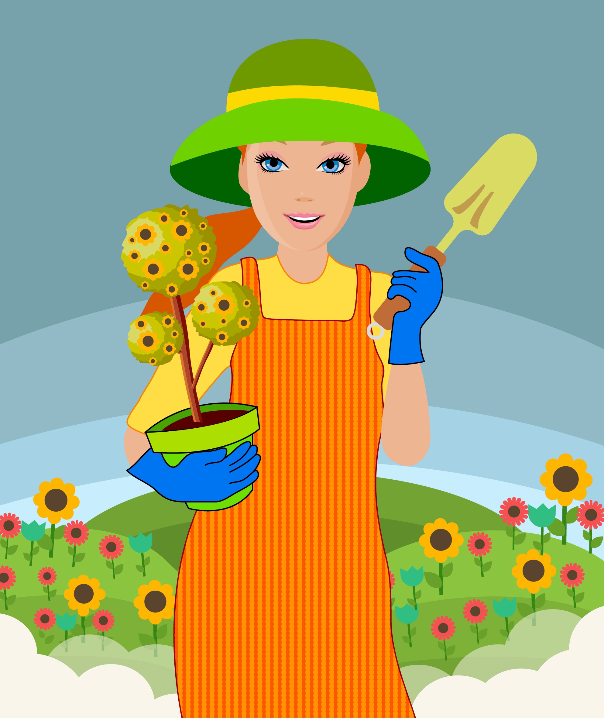 woman icon gardening work colorful drawing