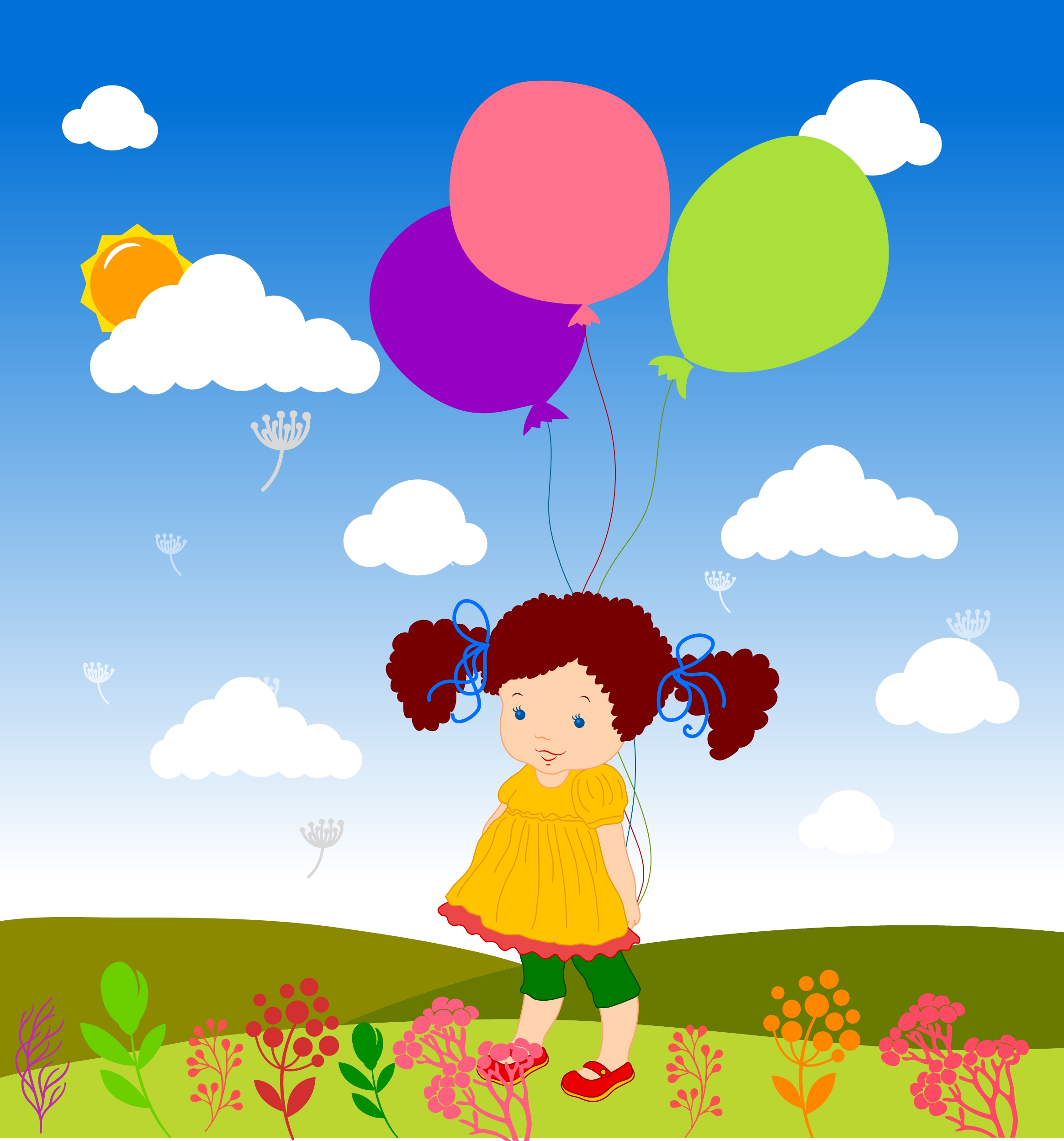 girls balloons background colorful cartoon drawing