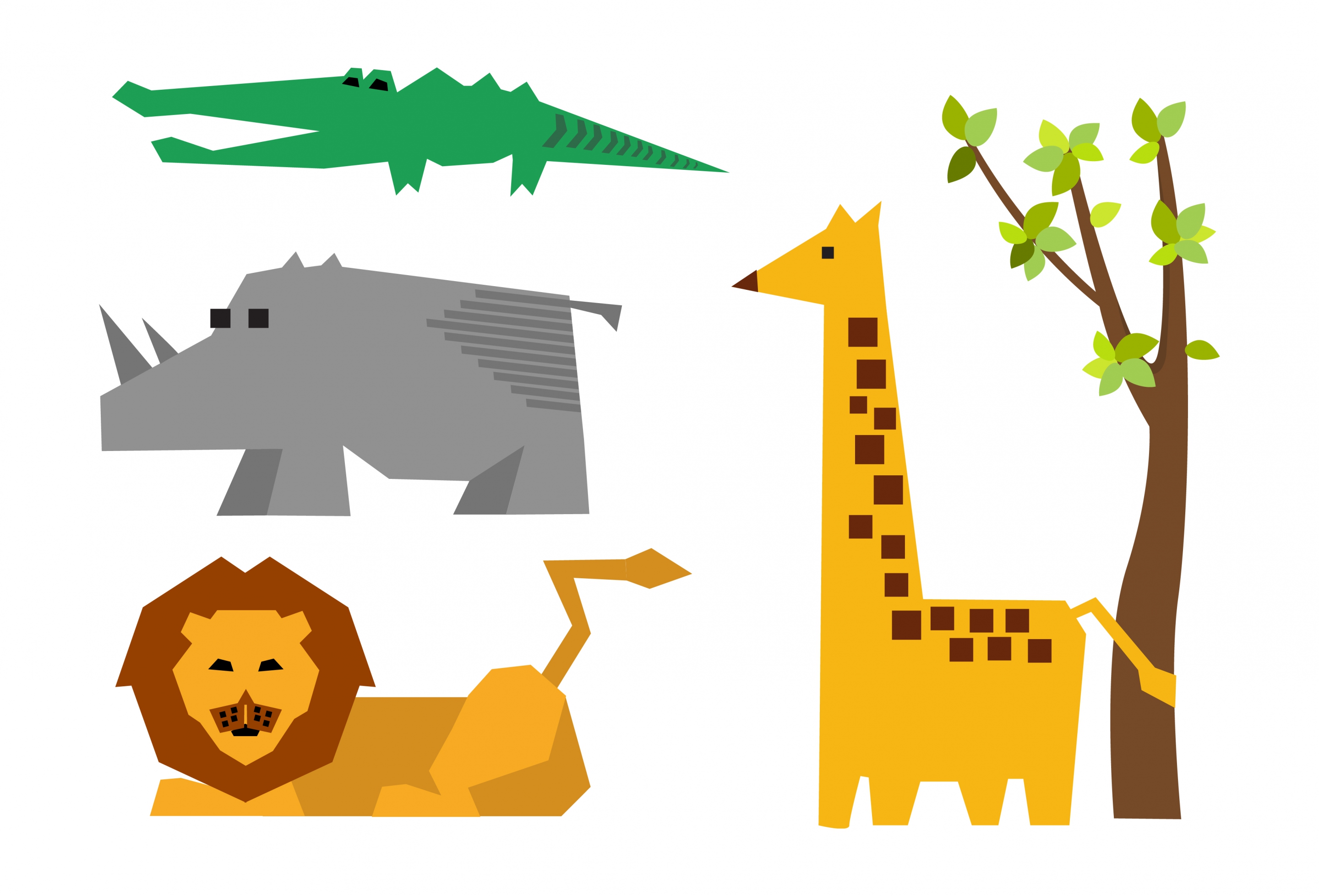 lion rhino crocodile giraffe icons design origami style